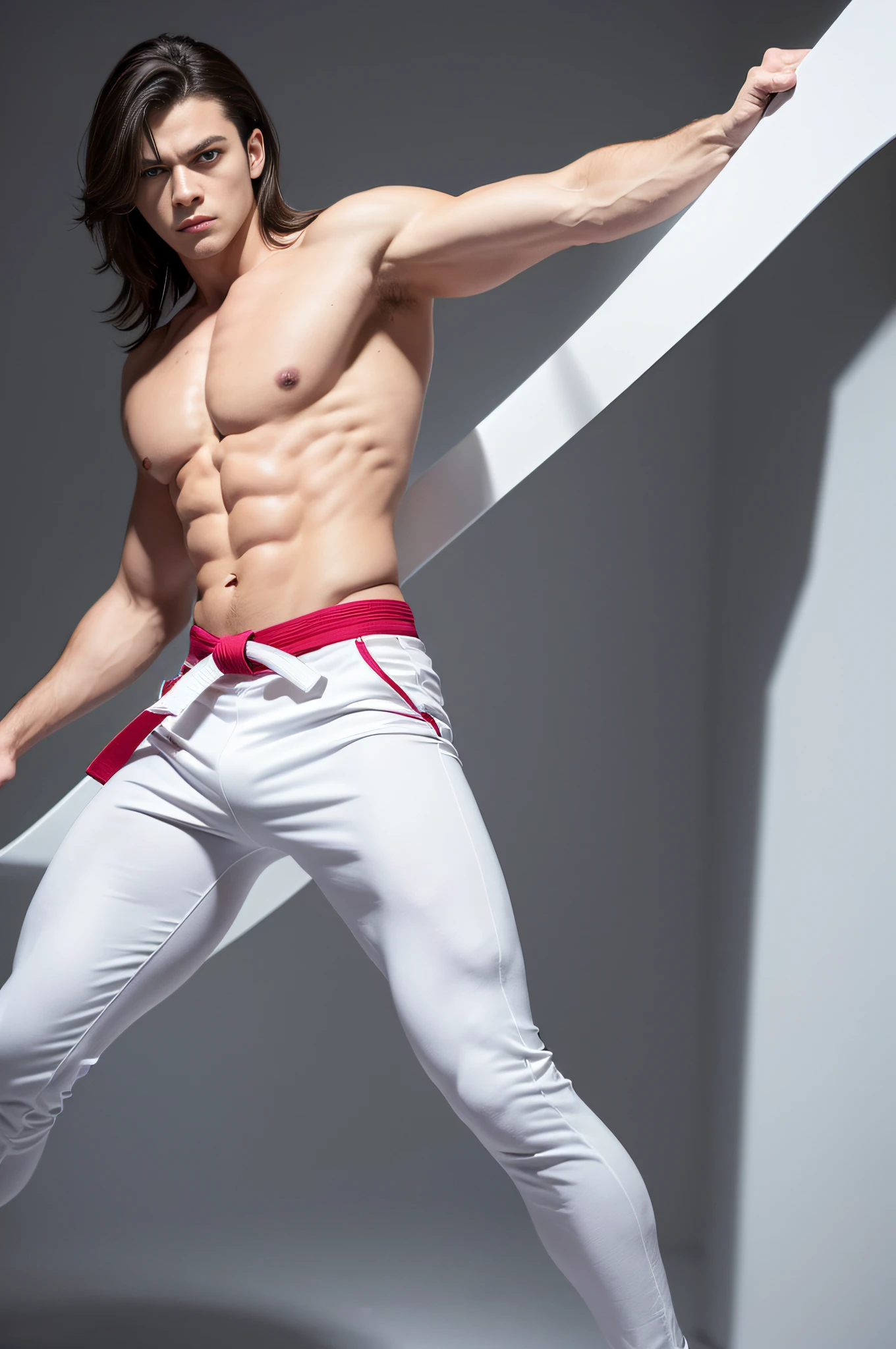 a picture, a handsome, 8k full body portrait of a man, Move ki, disheveled long hair, musculature, Detailed muscular physique, a picture, (masterpiece, top-quality, top-quality, Official art), Photorealistic depiction,20yr old, Toned waist, long limbs, bare-legged, White Karate Uniform, White Hand Belt, White karate pants, Accurate depiction of details, Perfect skeleton, Look straight at your audience, sharp gaze