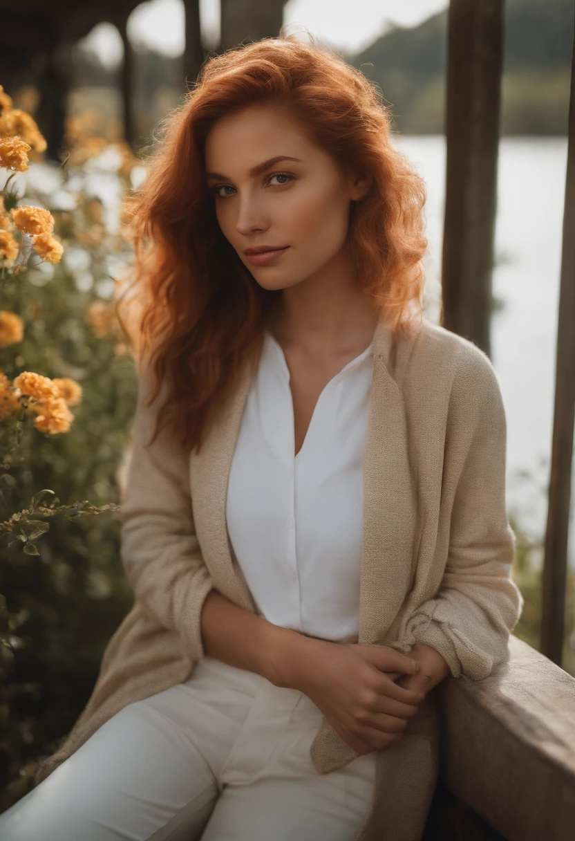 digital art, (girl, red_hair, flowers, baggy jeans, white shirt, discreet smile, cute look), (sitting on a bench, river in the background, golden hour),, by Daniil Suponitskiy jpegman