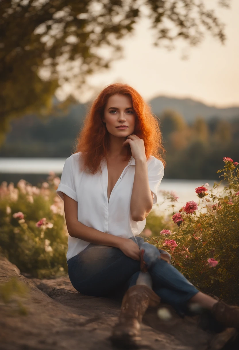 digital art, (girl, red_hair, flowers, baggy jeans, white shirt, discreet smile, cute look), (sitting on a bench, river in the background, golden hour),, by Daniil Suponitskiy jpegman