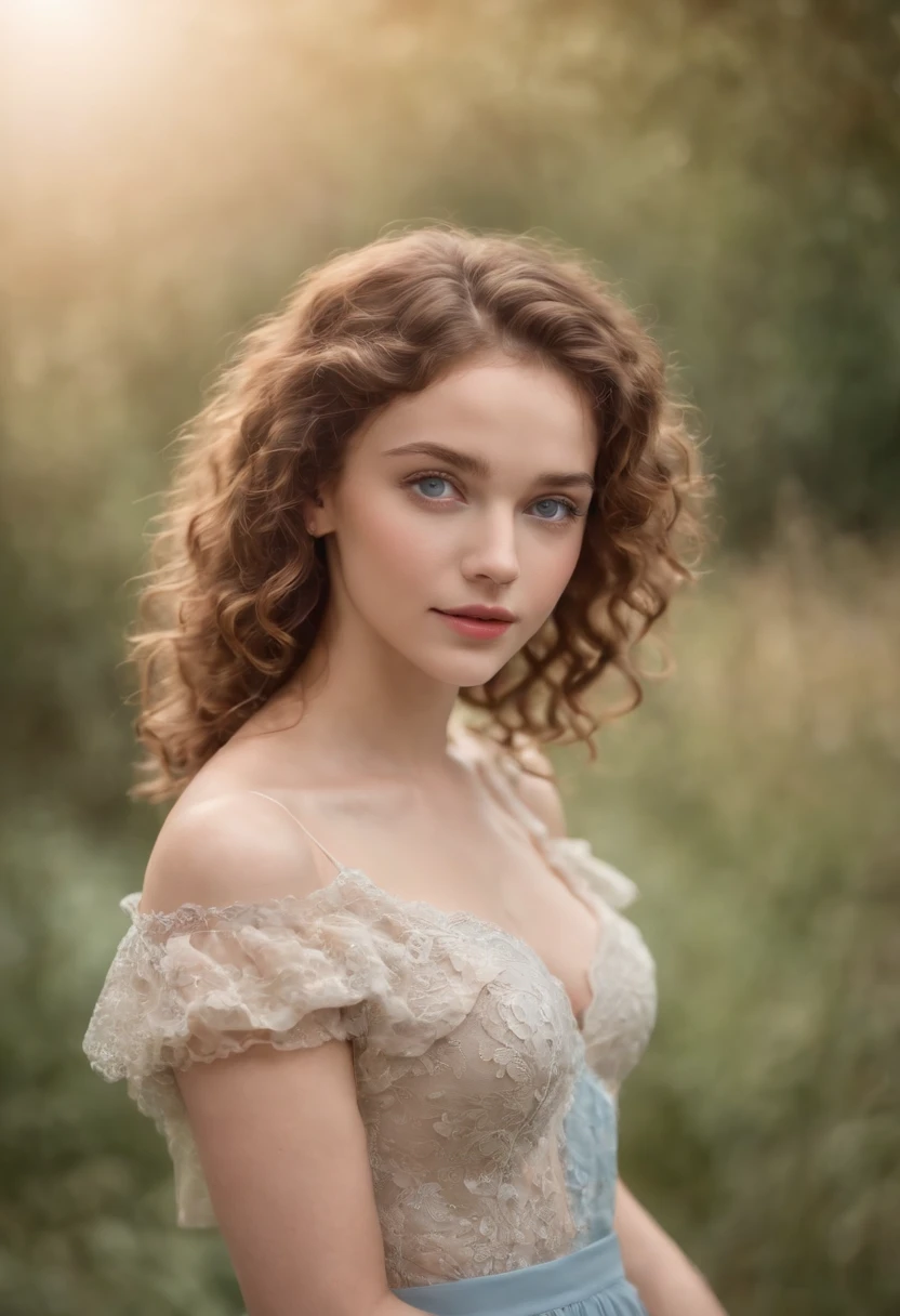 "Full body portrait of a charming girl with curly hair, petite figure, beautiful face, captivating blue eyes, and modest bust size, showcasing her natural beauty."