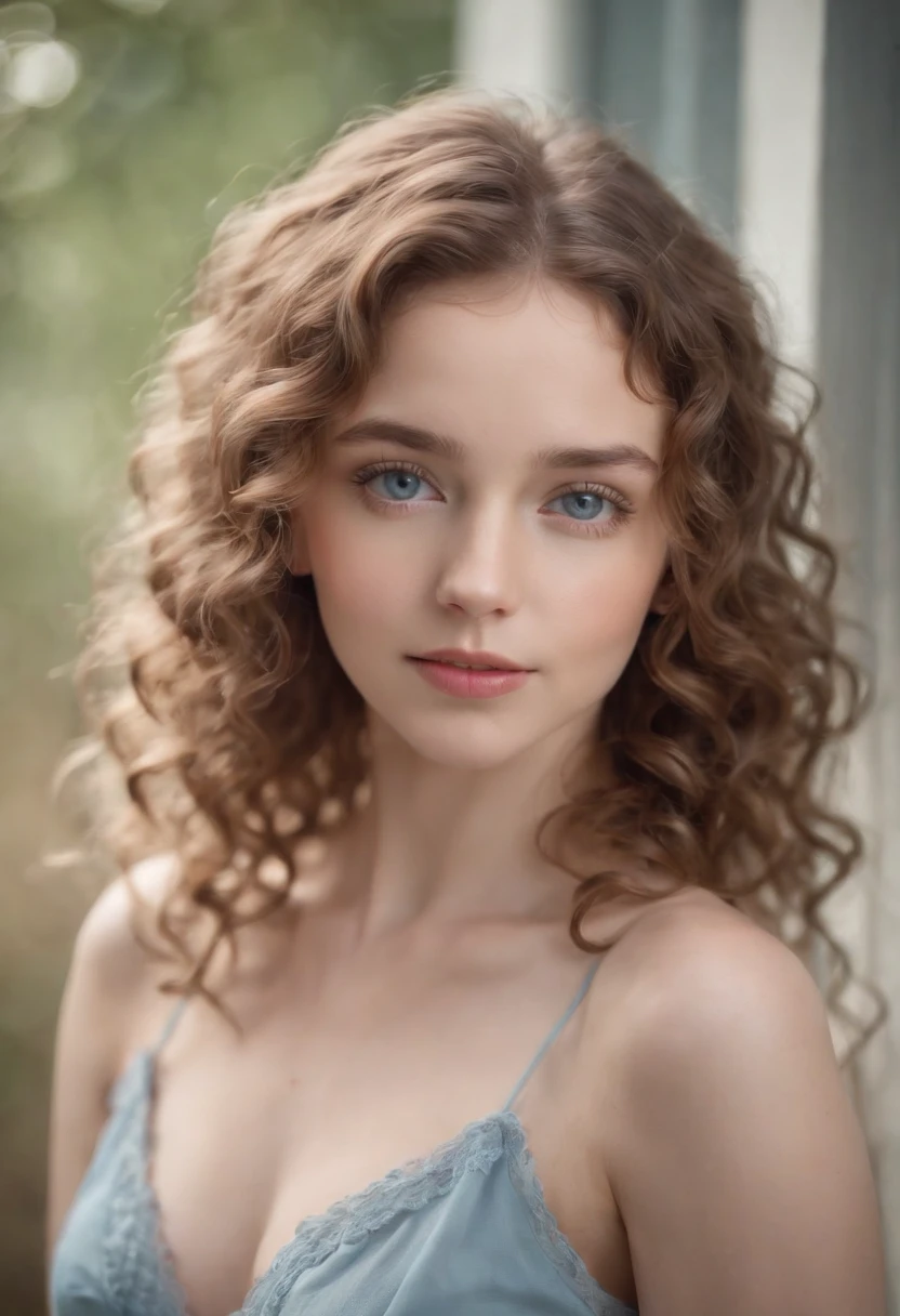 "Full body portrait of a charming girl with curly hair, petite figure, beautiful face, captivating blue eyes, and modest bust size, showcasing her natural beauty."