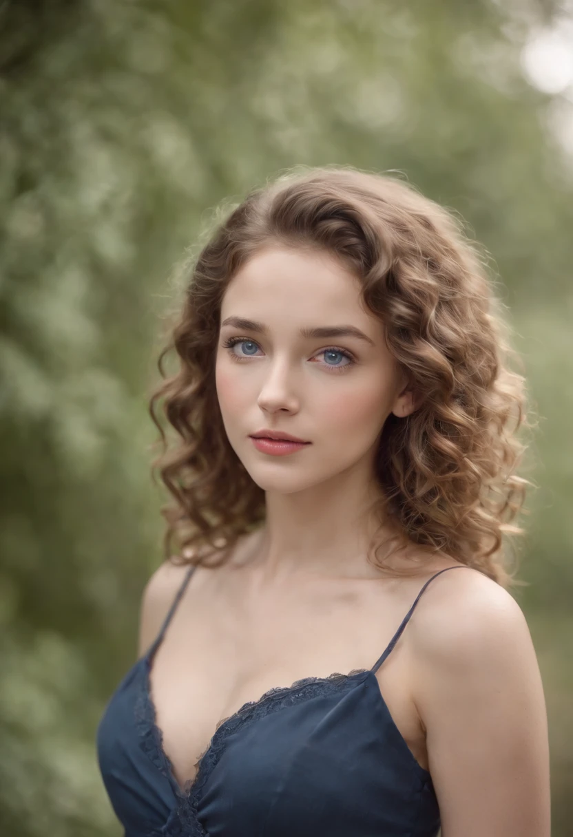 "Full body portrait of a charming girl with curly hair, petite figure, beautiful face, captivating blue eyes, and modest bust size, showcasing her natural beauty."