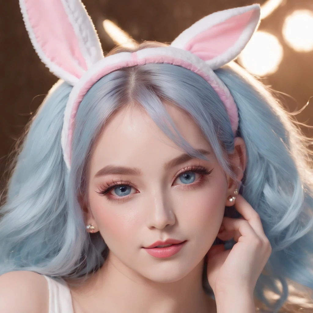 (Best quality:1.3),4K,8K,8K portrait,16 k,(masutepiece:1.2),1girl in,Solo,(Maximalism:1.5),opals,ultra - detailed,absurderes,(Very detailed beautiful face and eyes:1.3), (Beautiful hair in high detail:1.3),Delicate composition, (full bodyesbian:1.5),(full-length figure:1.5), Super cute girl,(Medium hair:1.4),Pink eyes,Light blue eyes,(Pink hair:1.2),(Light blue hair:1.4),(a playboy bunny:1.6),(Jewelry hair accessories:1.3), (jewelry eyes:1.3),(eyeslashes:1.2),(symbol in eyes:1.3),(A high resolution, Twinkle,glitters,Lens flare,light particules,Shining:1.3),(Cute:1.5)