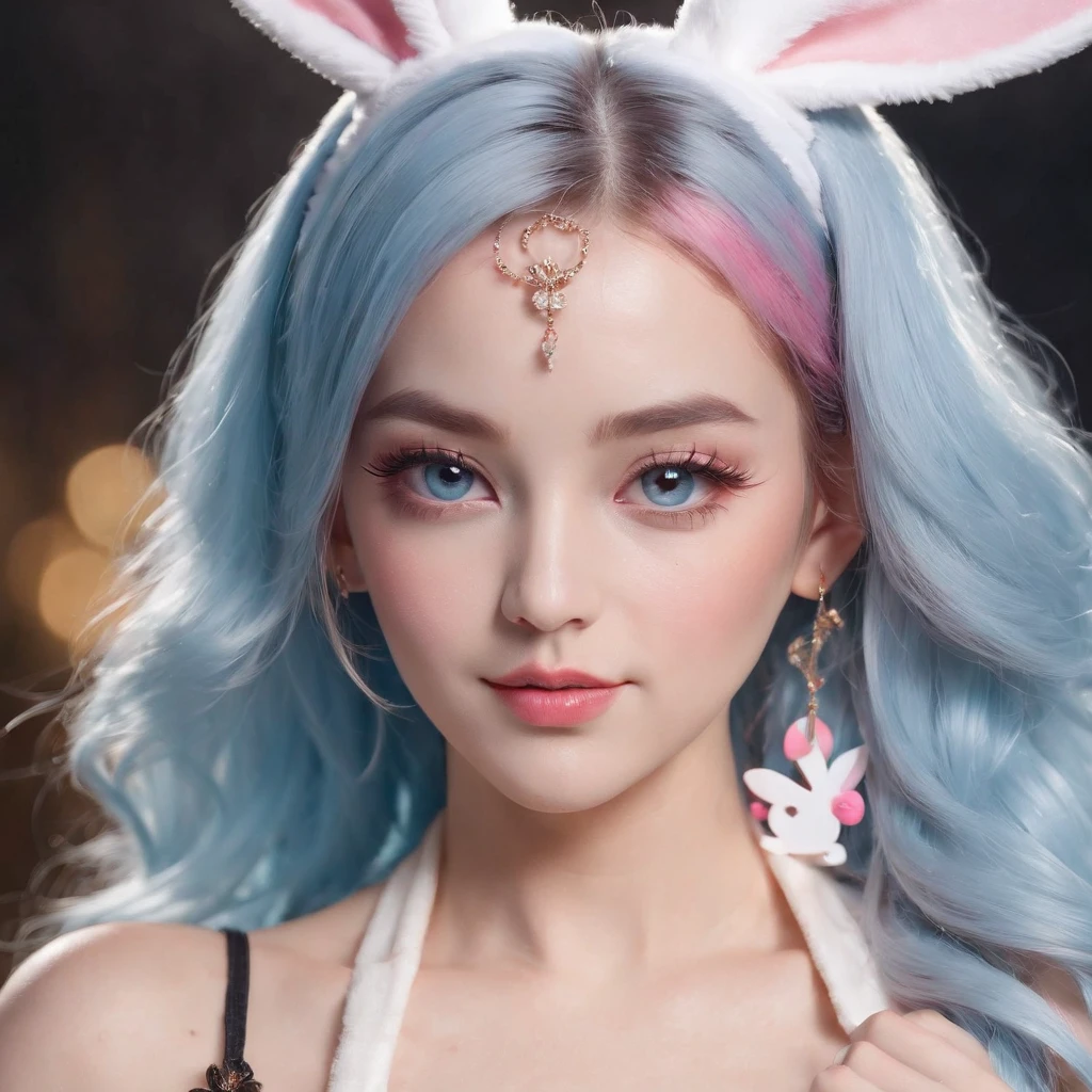 (Best quality:1.3),4K,8K,8K portrait,16 k,(masutepiece:1.2),1girl in,Solo,(Maximalism:1.5),opals,ultra - detailed,absurderes,(Very detailed beautiful face and eyes:1.3), (Beautiful hair in high detail:1.3),Delicate composition, (full bodyesbian:1.5),(full-length figure:1.5), Super cute girl,(Medium hair:1.4),Pink eyes,Light blue eyes,(Pink hair:1.2),(Light blue hair:1.4),(a playboy bunny:1.6),(Jewelry hair accessories:1.3), (jewelry eyes:1.3),(eyeslashes:1.2),(symbol in eyes:1.3),(A high resolution, Twinkle,glitters,Lens flare,light particules,Shining:1.3),(Cute:1.5)