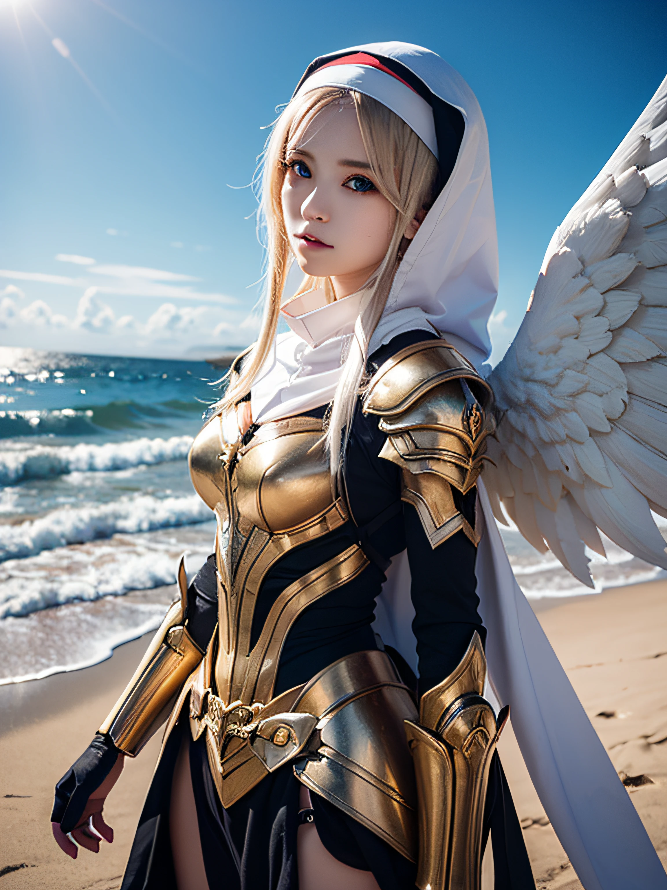 ((Raw photo)), ((masutepiece)), Girl in anthropomorphic humanoid angel nun armor, intricate detailes, futobot, Complex Griebles works, The Sea Behind, Yellow wings, Beautiful, Detailed eyes and lips