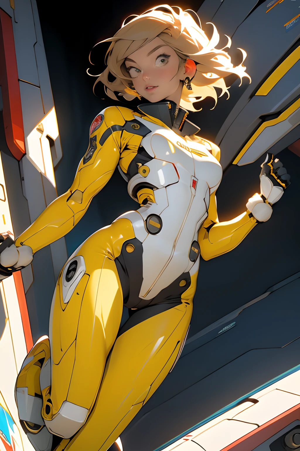 ((Best quality)), ((masterpiece)), (detailed: 1.4), (Absurd), (((full body)), (((woman))), 35-year-old woman, Beautiful thin woman, giant robot pilot, wild with perfect fit body, perfect face, perfect eyes, wearing little clothing, tiny thong, clothing with Japanese graphic patterns, halftone pattern and vertical stripes, yellow gold, coming out of the body of a giant robot, thigh gap