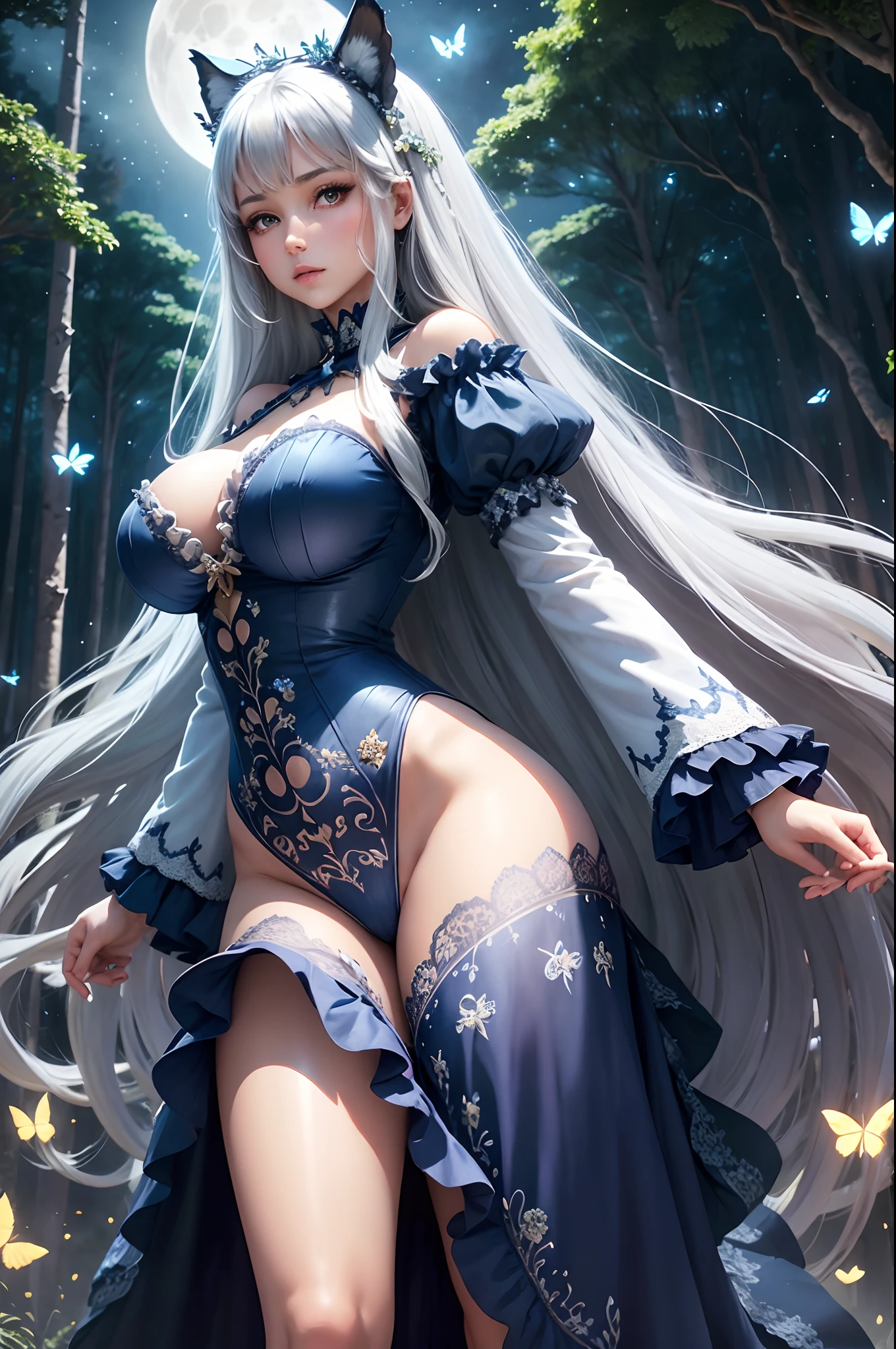 Masterpice, 4k quality, Beauty, long hair and waist, silver hair, graceful curves,big breasts, sexy body, beautiful face, dress frills, embroidery, print, sleeves, lace, late night, blue night, forest, tall old trees, jungle, white wolf, blue glowing small flowers, moon, starry sky, glowing butterfly, glowing firefly,...