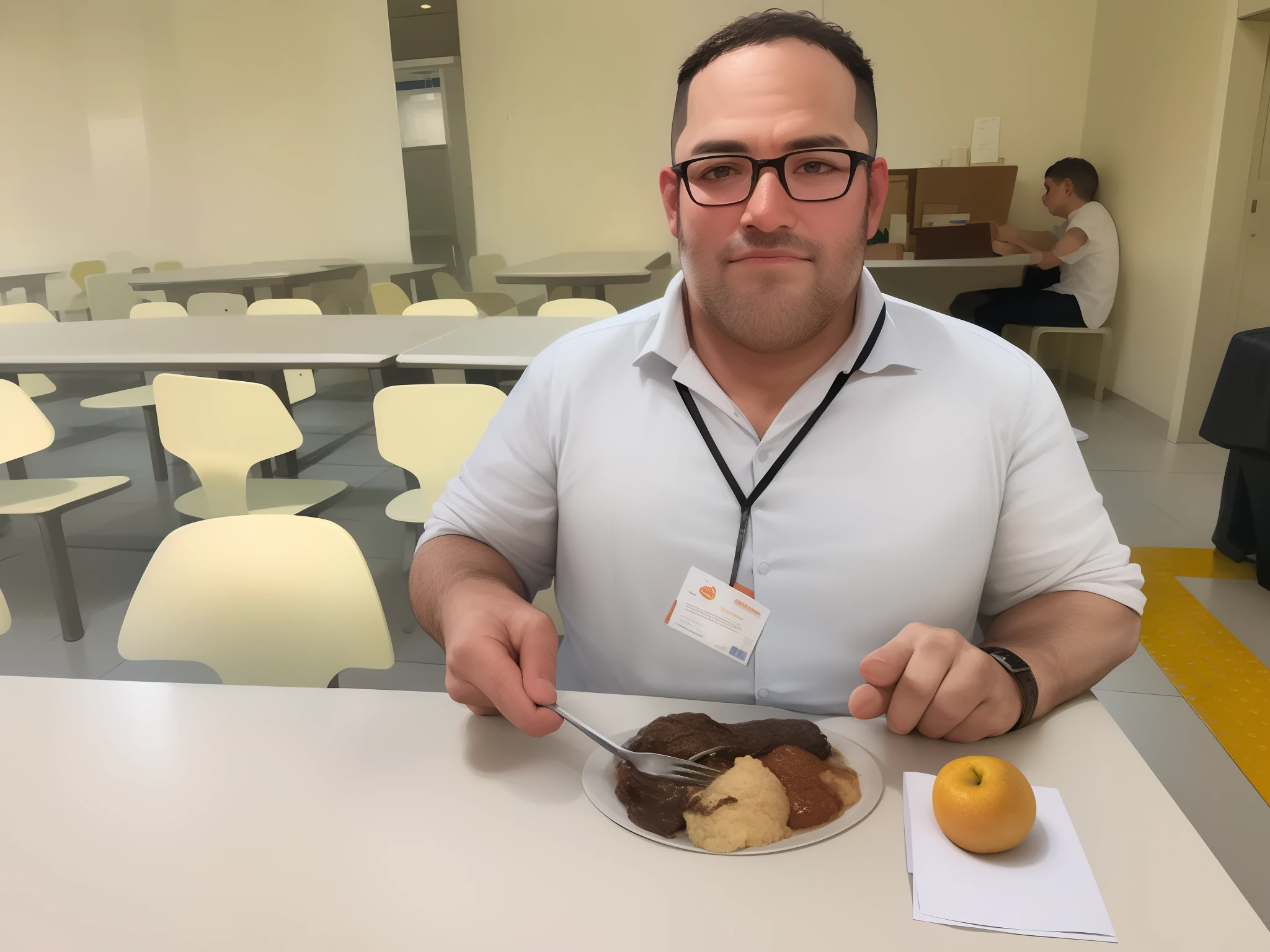 there is a man sitting at a table with a plate of food, delicioso, oferecendo um prato de comida, inspired by Óscar Domínguez, Pablo Dominguez, sobremesa, inspired by Juan Giménez, Directed by: Daniel Lieske, icaro carvalho, por Romain brook, with apple, #Oc, # Oc, Directed by: Dietmar Damerau com a camisa do boca juniors