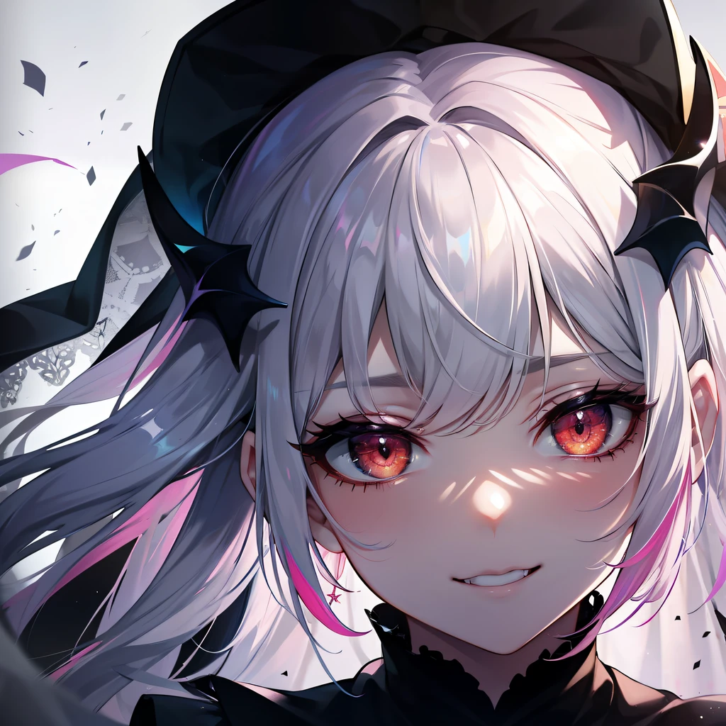 dia: 1girl, sozinho, ((extremamente detalhado CG unidade 8k papel de parede)), master part, best quality, ((ultra-detalhado)), Melhor sombra, fundo multicolorido, illustration, (Rosto bonito e detalhado), cabelos flutuantes, Dynamic angle, alto contraste, best ilumination, um extremamente delicado e bonito, (hiper detalhe), (beautiful face:1.2), (sorrir:1.0), lo gothic, armadura do cavaleiro, monocromatic, veil on face, sorriso assustador, sadistic smile, Demonic red eyes, eles chifres, dynamic pose