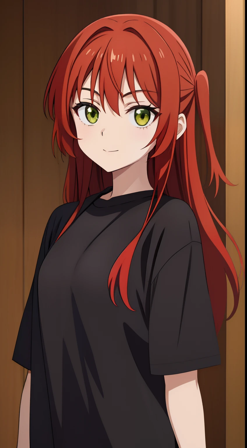 anime girl with red hair and green eyes in a black shirt, promo still, she is 1 6, childhood friend, reddish beard, [[[[grinning evily]]]], wise appearance, ultra detail, hight quality, best quality