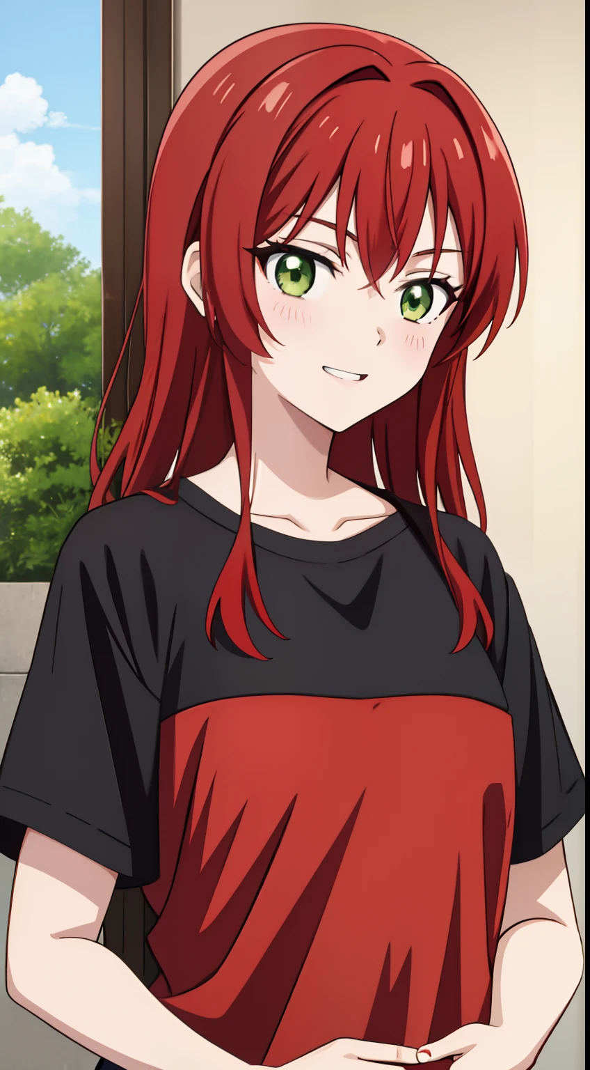 anime girl with red hair and green eyes in a black shirt, promo still, she is 1 6, childhood friend, reddish beard, [[[[grinning evily]]]], wise appearance, ultra detail, hight quality, best quality