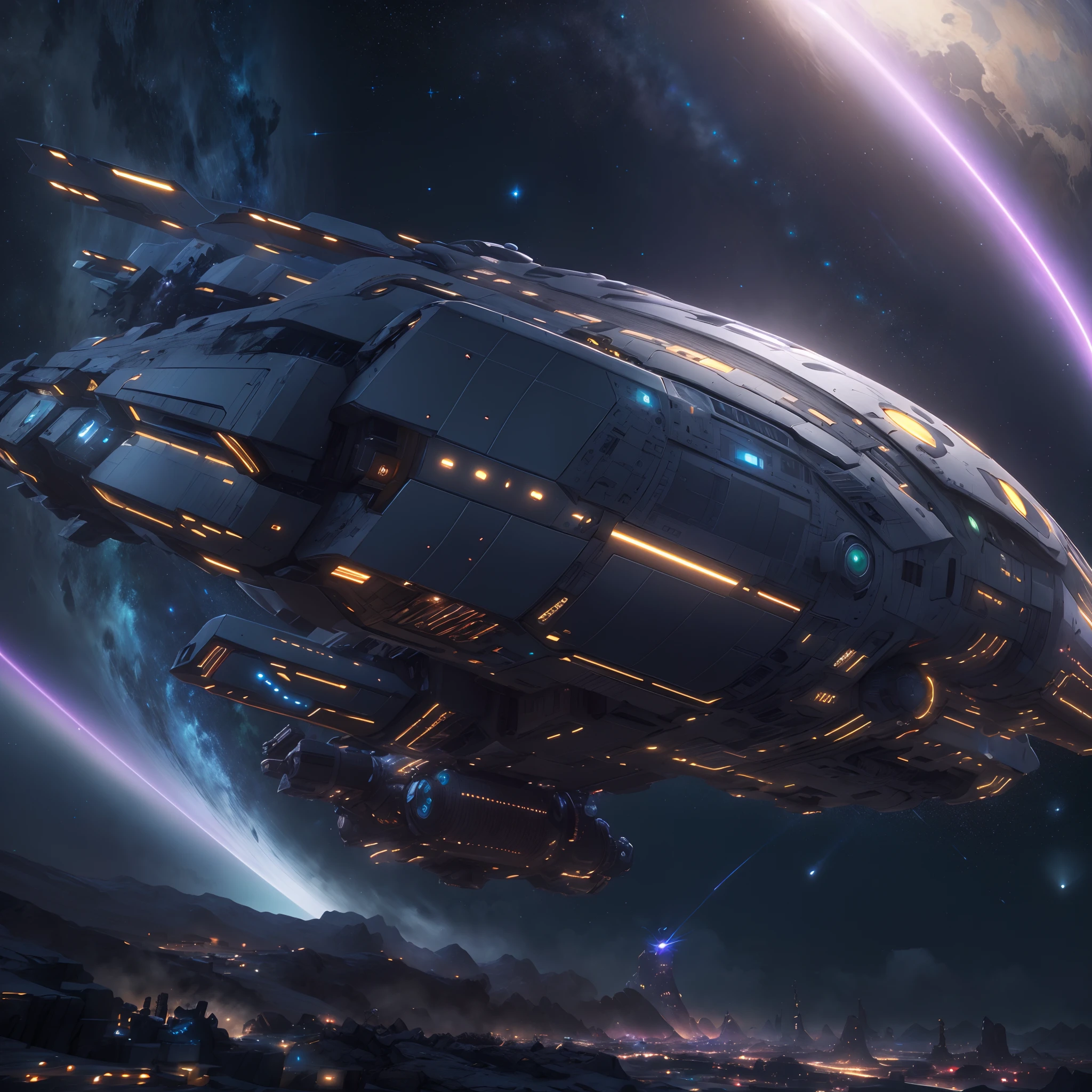 A huge spaceship,full bodyesbian，Solo，Spaceships in the Avengers，seen from outside，(multiple lighting sources:1.5),Detailed hull details,Cosmic galaxy background,Escaped spaceship,((Best quality)), ((Masterpiece)), (Epic composition:1.2), (unreal 5 render:1.1)