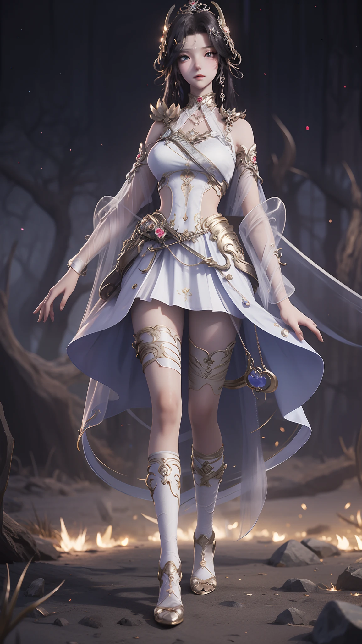 Girl in dress standing in starry sky, Anime girl walking on the moon, Close-up fantasy，azur lane style, Anime girl cosplay, Moonshine Art Anime Lori, Moon Fairy, one-girl，Wearing a white dress、Hair flutters，Long black hair、largeeyes、adolable，Pure，16 yaers old、Light blue sundress、Red blush、White transparent socks，high-heels，full bodyesbian，full body pov,Cute big breasts，highly detailed exquisite fanart,animemanga girl，Delicate facial features，delicate finger，Obvious joints，Leggings under the skirt