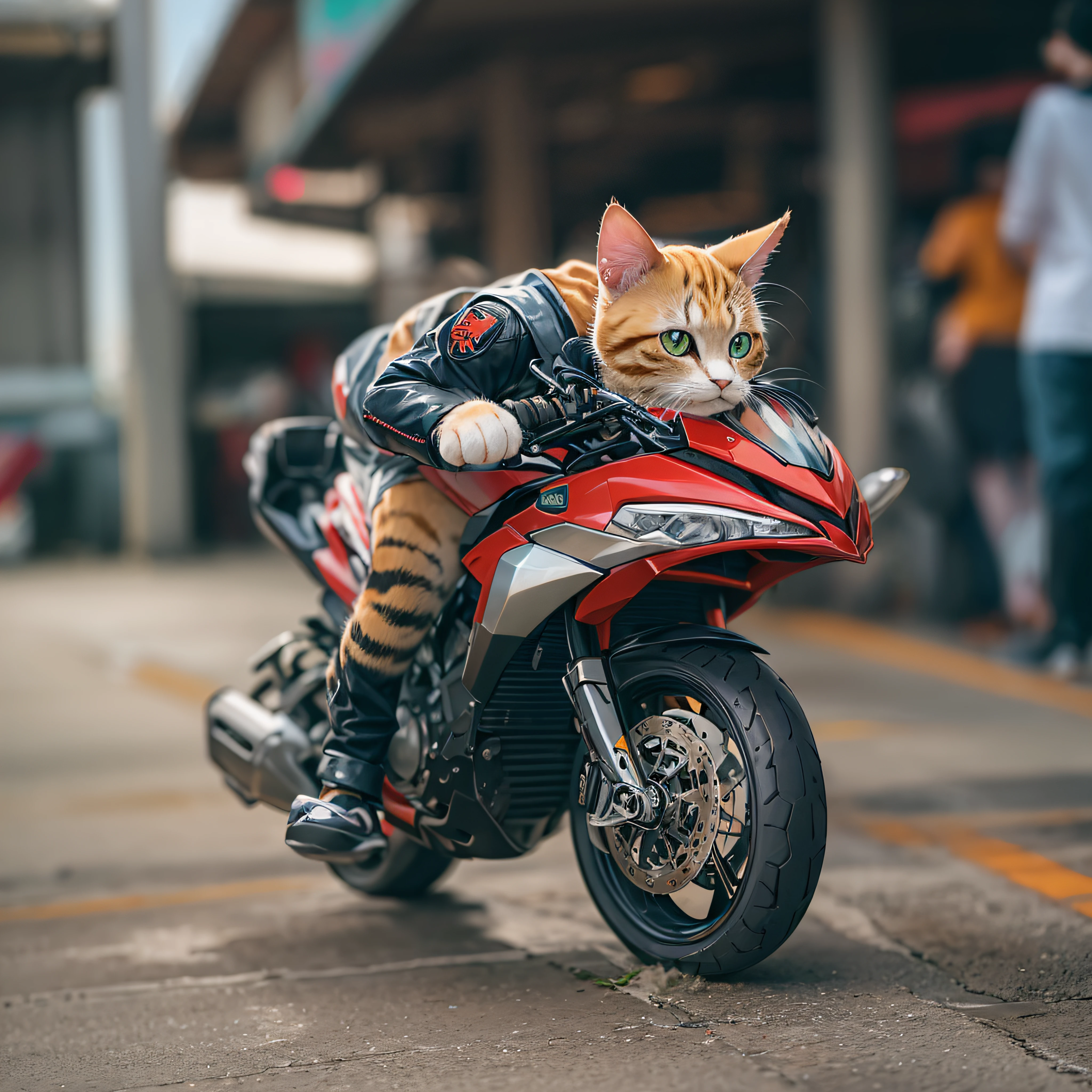Cute cat, standing, cute, Wearing a Kamen Rider costume, from side, riding on the cyclone,