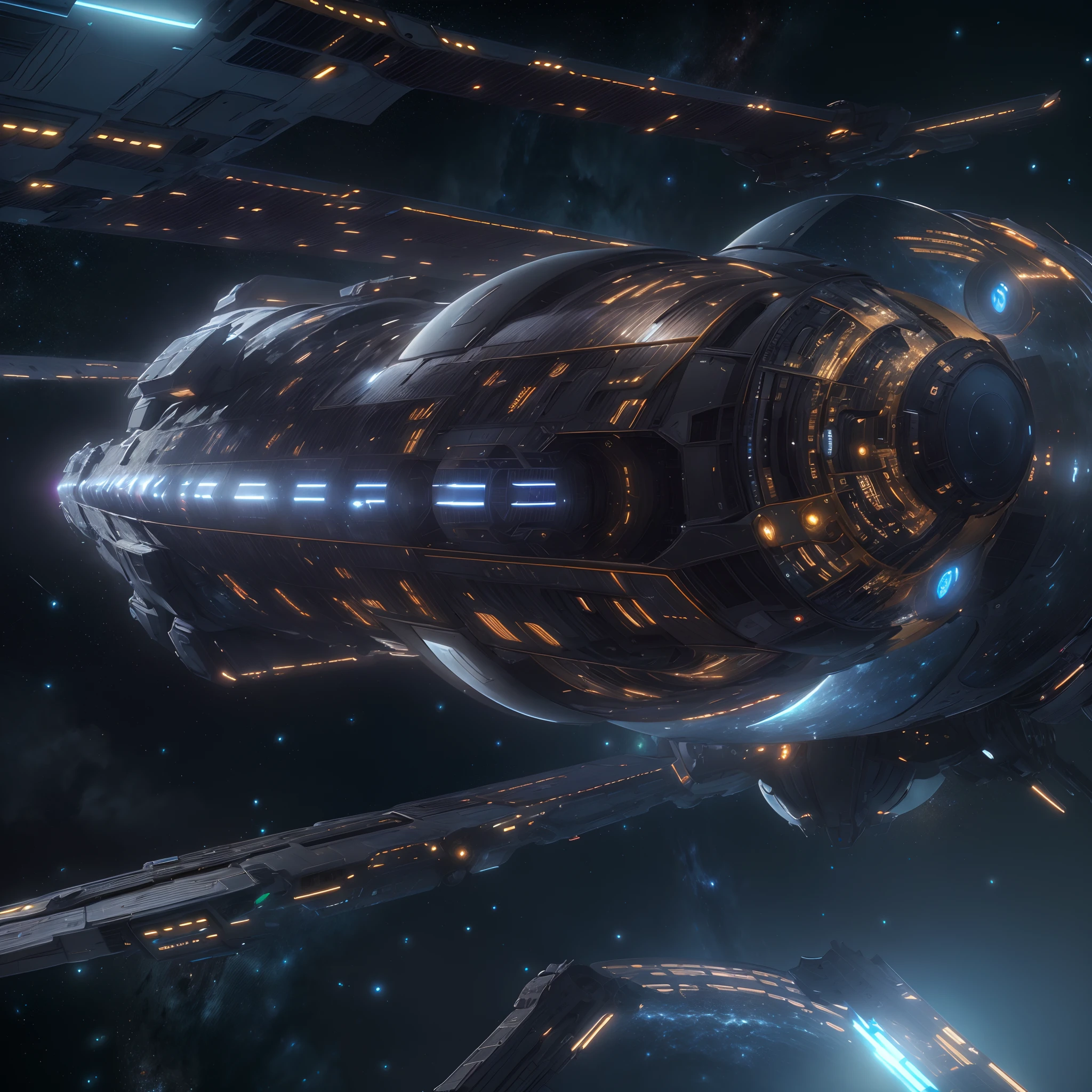 A huge spaceship,full bodyesbian，Solo，Spaceships in the Avengers，seen from outside，(multiple lighting sources:1.5),Detailed hull details,Cosmic galaxy background,Escaped spaceship,((Best quality)), ((Masterpiece)), (Epic composition:1.2), (unreal 5 render:1.1)