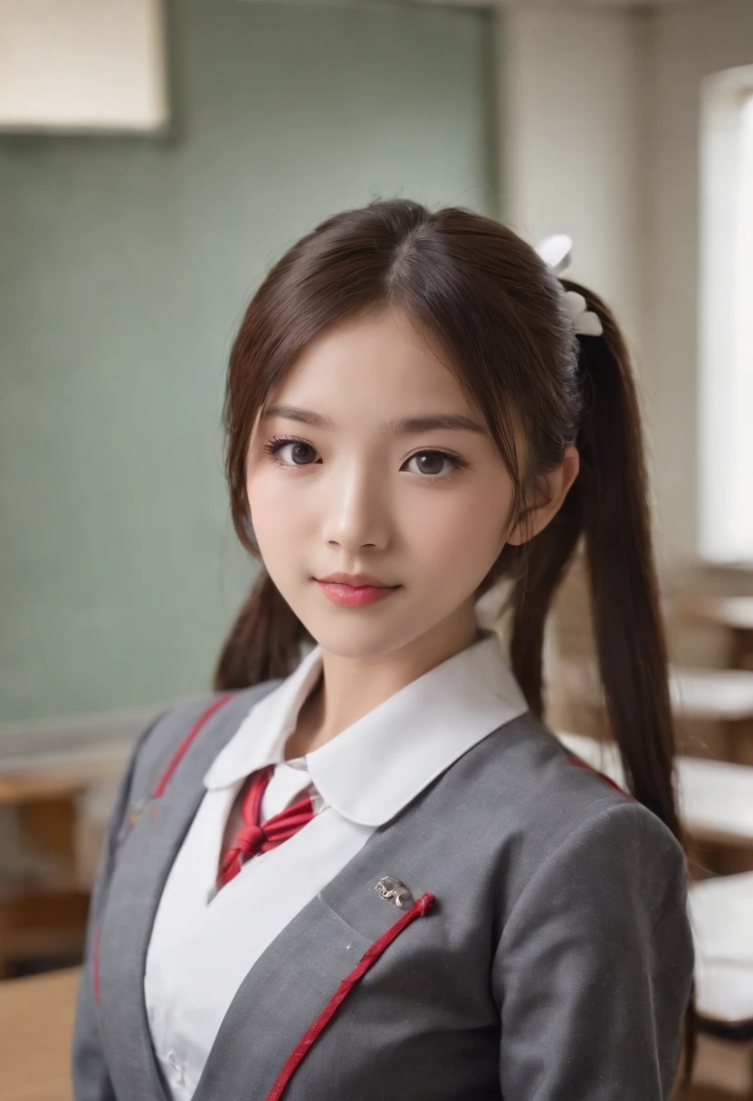 Create an AI image of a Japanese school girl in a full body pose. The girl is wearing a typical Japanese school uniform, consisting of a white top with a collar and a long plisé skirt that reaches her knees. The uniform can have a basic color such as blue or red, with white accents on the collar and cuffs. Make sure the girl's hair is neatly tied in a typical Japanese school style, such as a high ponytail or side ponytail. Give this girl big, expressive eyes, in colors like brown or black. Add a cheerful or focused facial expression, appropriate to the school atmosphere. Place this Japanese school girl in a background that reflects a school atmosphere, such as a classroom with a blackboard and desk chairs, or a school hallway with lockers and windows.