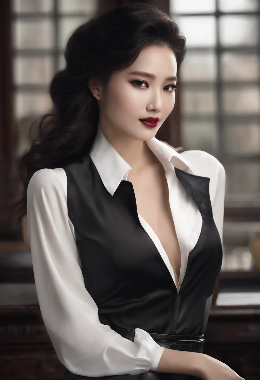 black jacket, white teashirt, modern design, black hairs, flowing hairs, semipink hairs, long hairs, highly detailed face, dark blue eyes, dark maroon lipstick, elegant necklace, leather band in hands, facing cametra, elegant smile, white skin, woman, big breast, cleavage, high heels, black skirt, bright colours, palace, white skin, korean woman,(((highly detailed face))),((detailed hands)), ((nice curves)),
