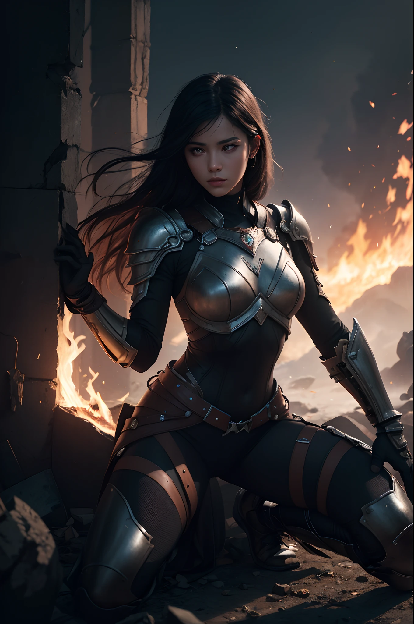 a warrior woman sitting on the ground looks down, very sad ,death and destruction, black hair. black armor, black background ,rich background ,smoke and fire ,floating, clouds, whirlwind, hints of pastel, misty, seductive, sultry, breathtaking, artistic, aesthetic modern art, hyper-realism ,best quality, epic (sony a7, 50 mm, pores:1.5, colors, hyperdetailed:1.5, film grain:1.4, hyperrealistic: 1.5), octane render, hyper-realistic lifelike texture, masterpiece, unreal engine 5, Extremely detailed CG unity 8k wallpaper, Madly detailed photo, (ecstasy of light and shadow, deep shadow), Magical, Ethereal, Whimsical,Digital Painting, Beautiful, Vibrant, Digital Painting, Digital Illustration, Extreme Detail, Digital Art, 4k, Ultra Hd,((half body)),
