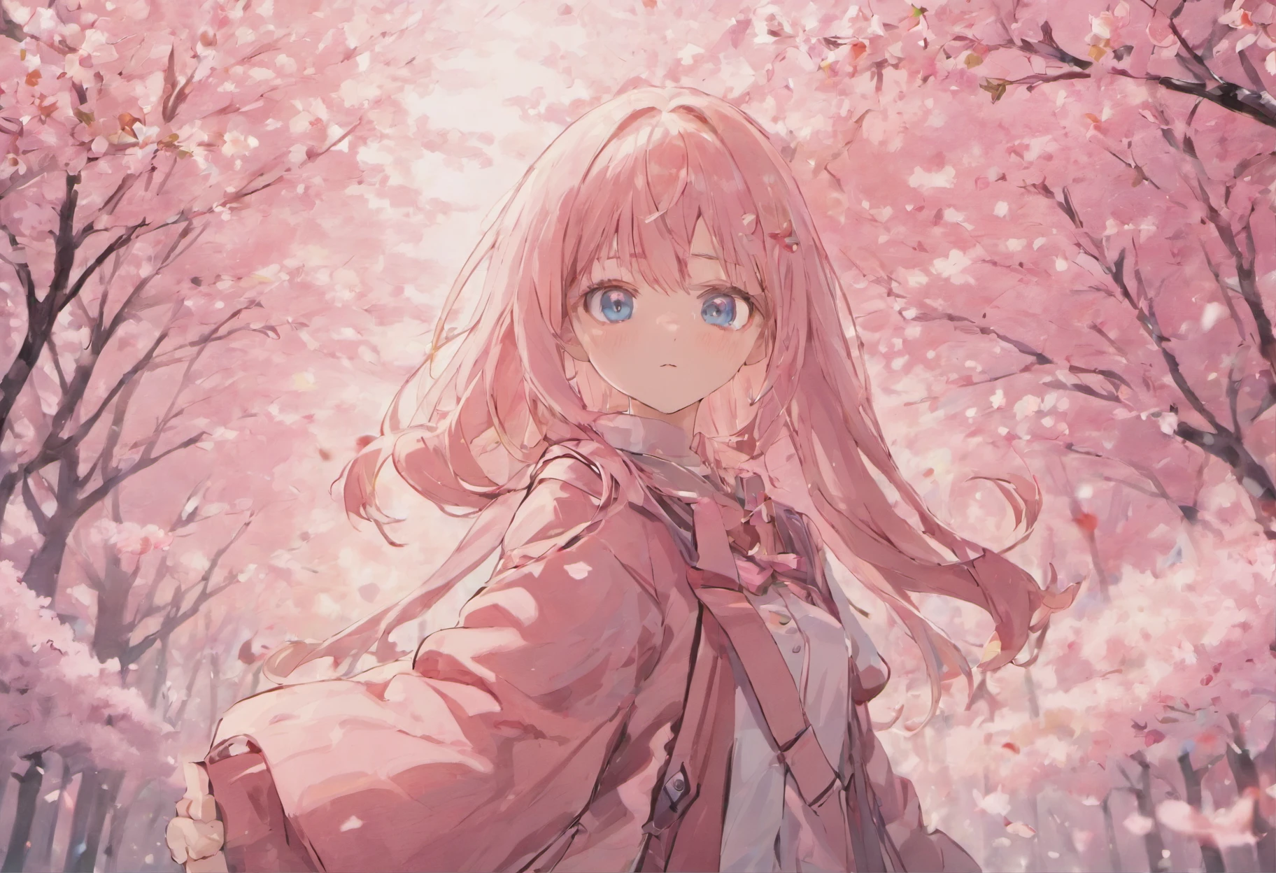 (masterpiece), best quality, expressive eyes, perfect face a girl with long light pink hair, hair is tied with a bow-shaped string and blue eyes, wearing a school uniform, carrying a backpack, walking and smiling. landscape of falling cherry blossoms, cherry blossom trees in full bloom. the girl holding a cherry blossom. best quality, highly detailed, masterpiece, ultra-detailed 4k ultra.