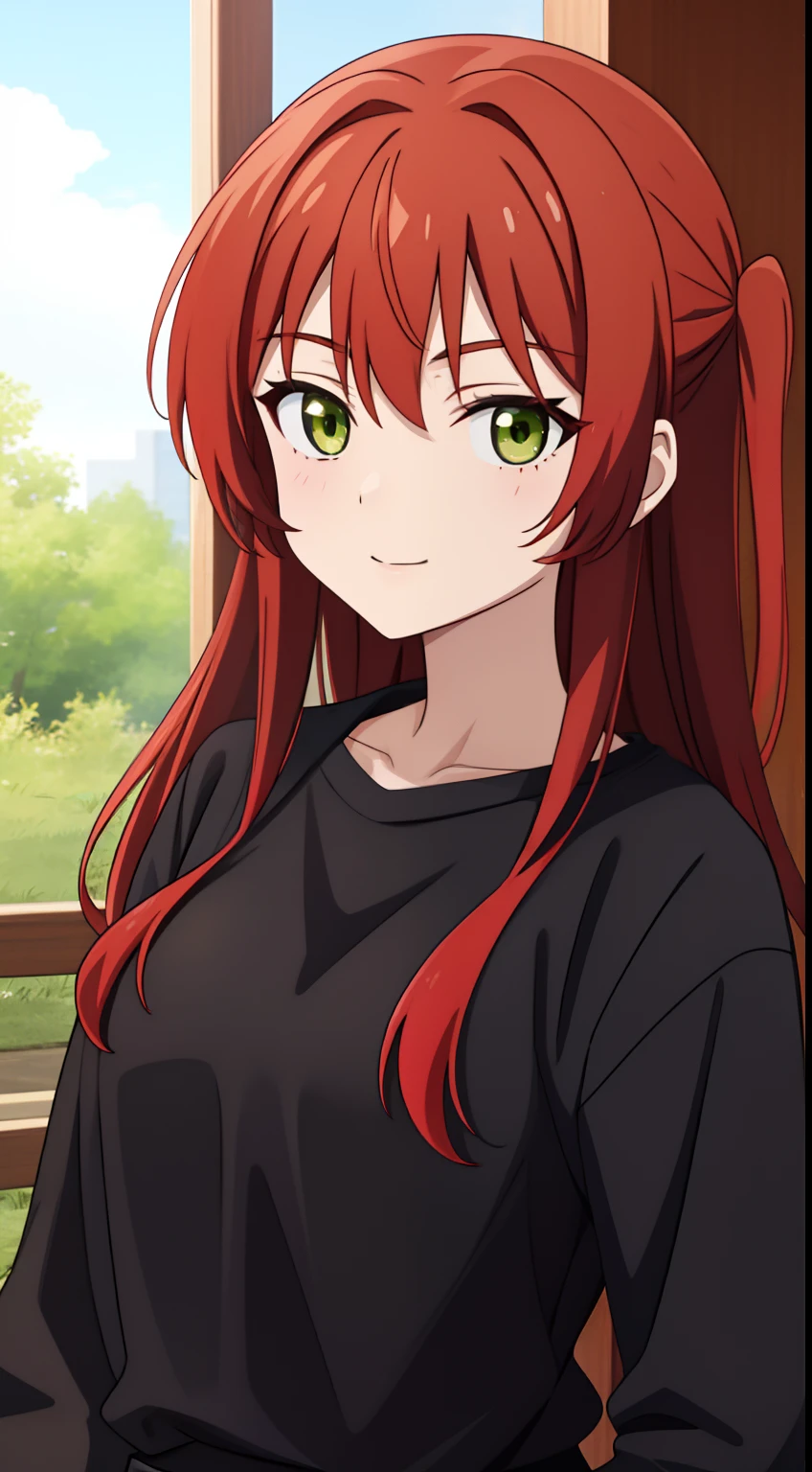 anime girl with red hair and green eyes in a black shirt, promo still, she is 1 6, childhood friend, reddish beard, [[[[grinning evily]]]], wise appearance, ultra detail, hight quality, best quality