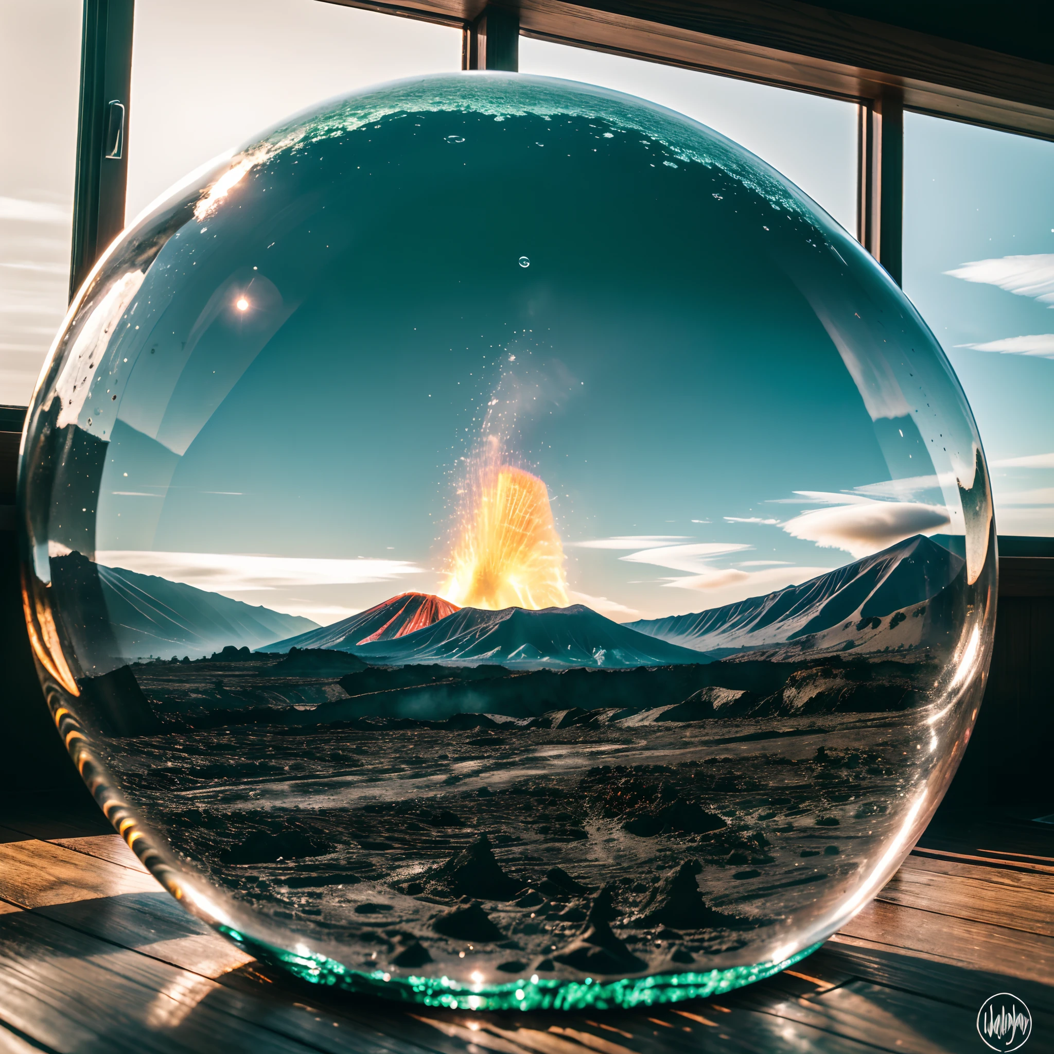 A miniature volcano inside a small glass bubble. Bubble is placed on the window sill. Volcano eruption with smoke and fire coming out, lava descends on the slopes of the mountain. Wooden window sill. In background hills and green meadows. Extremely detailed, 8K, apocalyptic punk style, miniatures, macro photography in close-up.