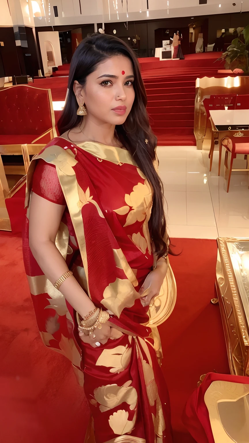 there is a woman standing in a room with a red carpet, candid picture, sari, dressed in a sari, very extremely beautiful, very beautiful photo, stylish pose, very beautiful enga style, wearing a sari, with lovely look, very beautiful, wearing sari, beutifull, attractive girl, candid photo, beautiful, elegant lady, very very beautiful, profile photo