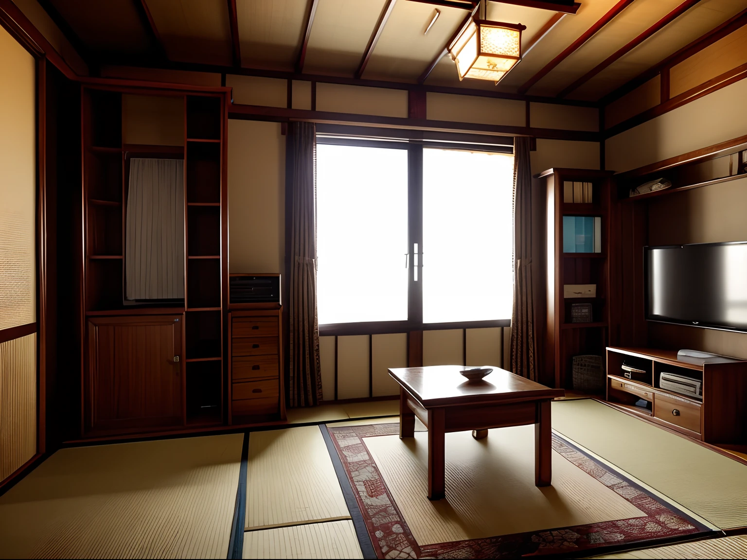 Backlighting, Dark, old traditional house, Home video, subjective, miscellaneous, messy,((A room with curtains drawn closed)),Decorated curtains,((Tatami:1,3)), ((low table)),((small room:1,3)),((Buddhist altar)),((a room with no incoming light)), ((blackout curtains)), cluttered,hardwood flooring, ((narrow hallway)),((Small room)), Carpet, rug mat, kitchen cabinet, Showa-era retro, rental housing, cluttered, decadent, dilapidated, wooden house, typical Japanese home, intricately crafted doors, antique three-tiered box,((TV)), ((air conditioner)), ((low table)), tea cup and snacks on the low table, indoor drying, ((laundry hanging in the room)), Hanging up clothes to dry,sliding doors (fusuma), curtains, windows, fixed telephone on the three-tiered box, bookshelves