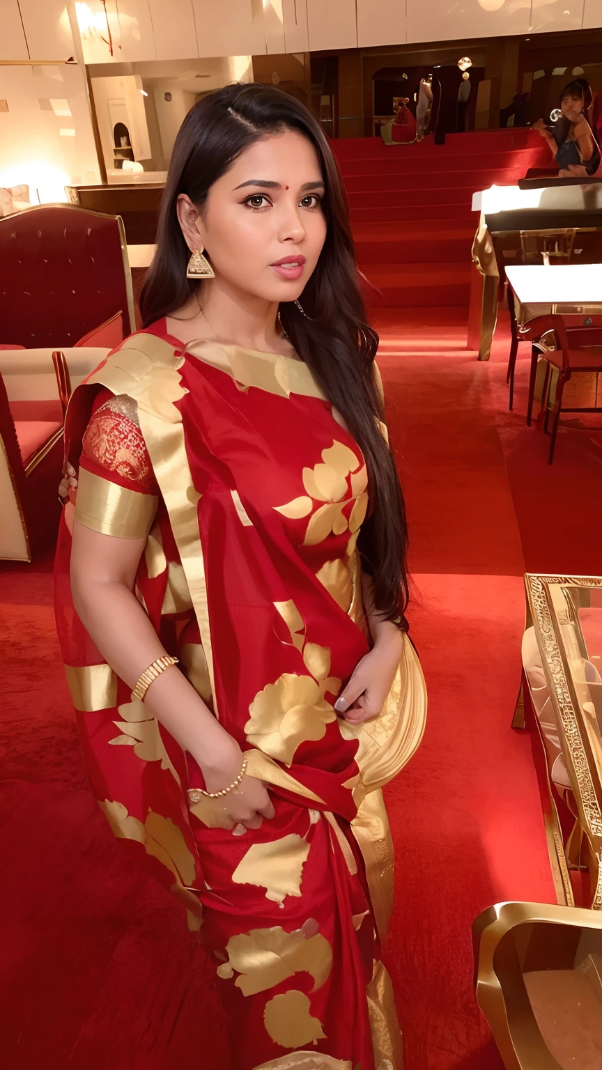 there is a woman standing in a room with a red carpet, candid picture, sari, dressed in a sari, very extremely beautiful, very beautiful photo, stylish pose, very beautiful enga style, wearing a sari, with lovely look, very beautiful, wearing sari, beutifull, attractive girl, candid photo, beautiful, elegant lady, very very beautiful, profile photo
