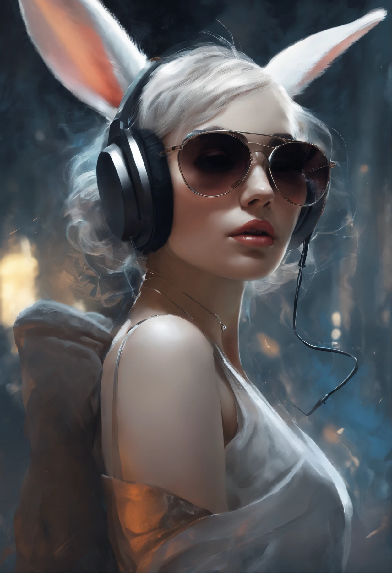 Perfect centering, A domineering rabbit, Wear a casual jacket, Wearing sunglasses, Wearing headphones, Standing position, Abstract beauty, Centered, Looking at the camera, Facing the camera, nearing perfection, Dynamic, Moonlight, Highly detailed, Digital painting, art stations, concept-art, smooth, Sharp focus, 8K, high definition resolution, illustration, Art by Carne Griffiths and Wadim Kashin, White background