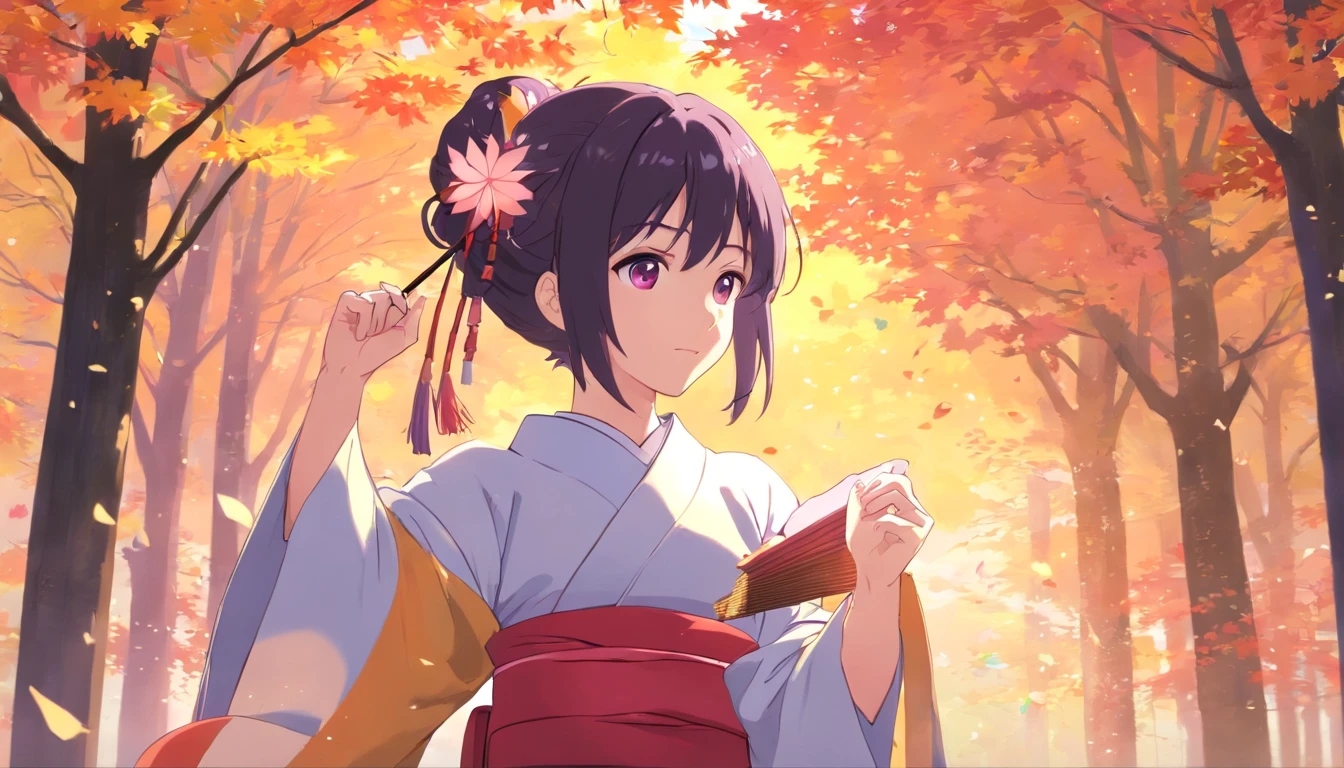 3 girls go to the fuji kawaguchiko autumn festival, wearing kimonos, best quality ,highly detailed, masterpiece, ultra-detailed, one is looking at the falling autumn leaves, the other two are talking, laughing with each other, one person with iridescent blue eyes, long white hair, holding a traditional Japanese umbrella, one person with blue-violet eyes, long light pink hair tied with a flower-shaped hairpin, one person with harmonious red eyes, shiny black hair, holding a small hand fan. autumn leaves scene, 4k ultra.