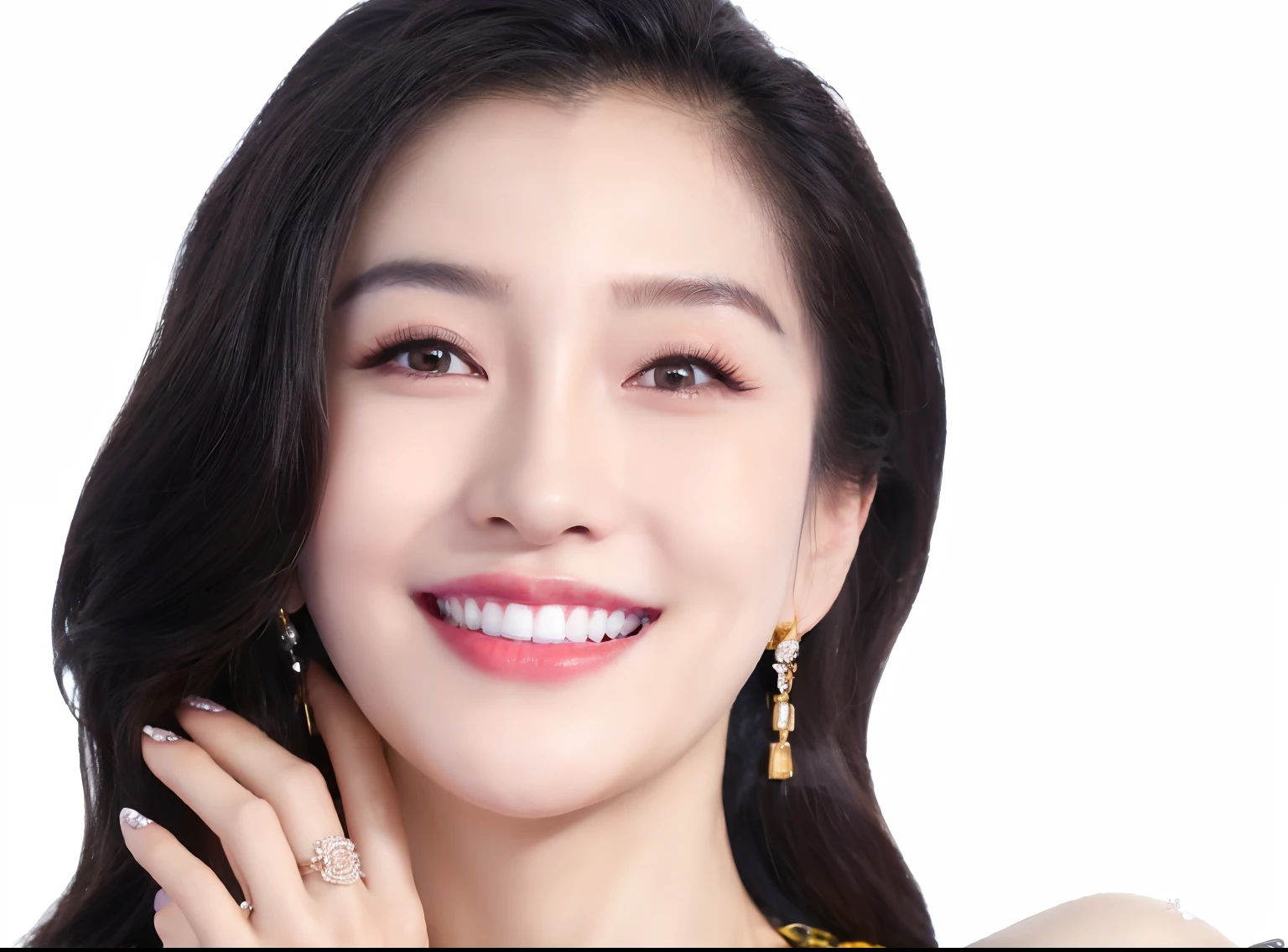 a close up of a woman wearing a necklace and earrings, Li Bingbing, with an elegant smile, yanjun cheng, gorgeous chinese models, Inspired by Yang J, Inspired by Tang Yifen, beautiful and smiling, Charming smile, Xianxia, gold, Chinese woman, Inspired by Huang Ji, Li Zixin, xintong chen, inspired by Tang Di