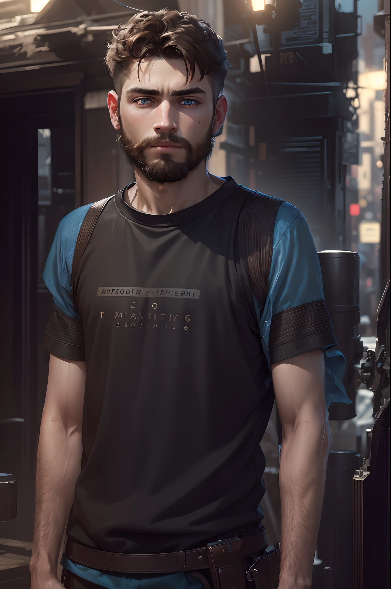Unbeatable masterpiece, Ultra photo realsisim, Perfect artwork, Intricate details, Best quality, Strong light, High contrast, Cyberpunk, steampunk jacket(Masterpiece) , (Best quality) , (extremely detailed wallpaper CG unity 8k) , (best character detail:1.36), marshes, (delicated lines:1.24), (fantasy), (Cold light:1.2) , gothic jacket, black and blue combination coat, Color splattering , Colorful, colorful background, detailed eyes, cold eyes, sharp hunter eyes, detailed eyeshadows, blue eyes, royal king court background, brown hair, 1boy, matured boy, (short beard:1.3)(short hair:1.6), high high qualityrealface