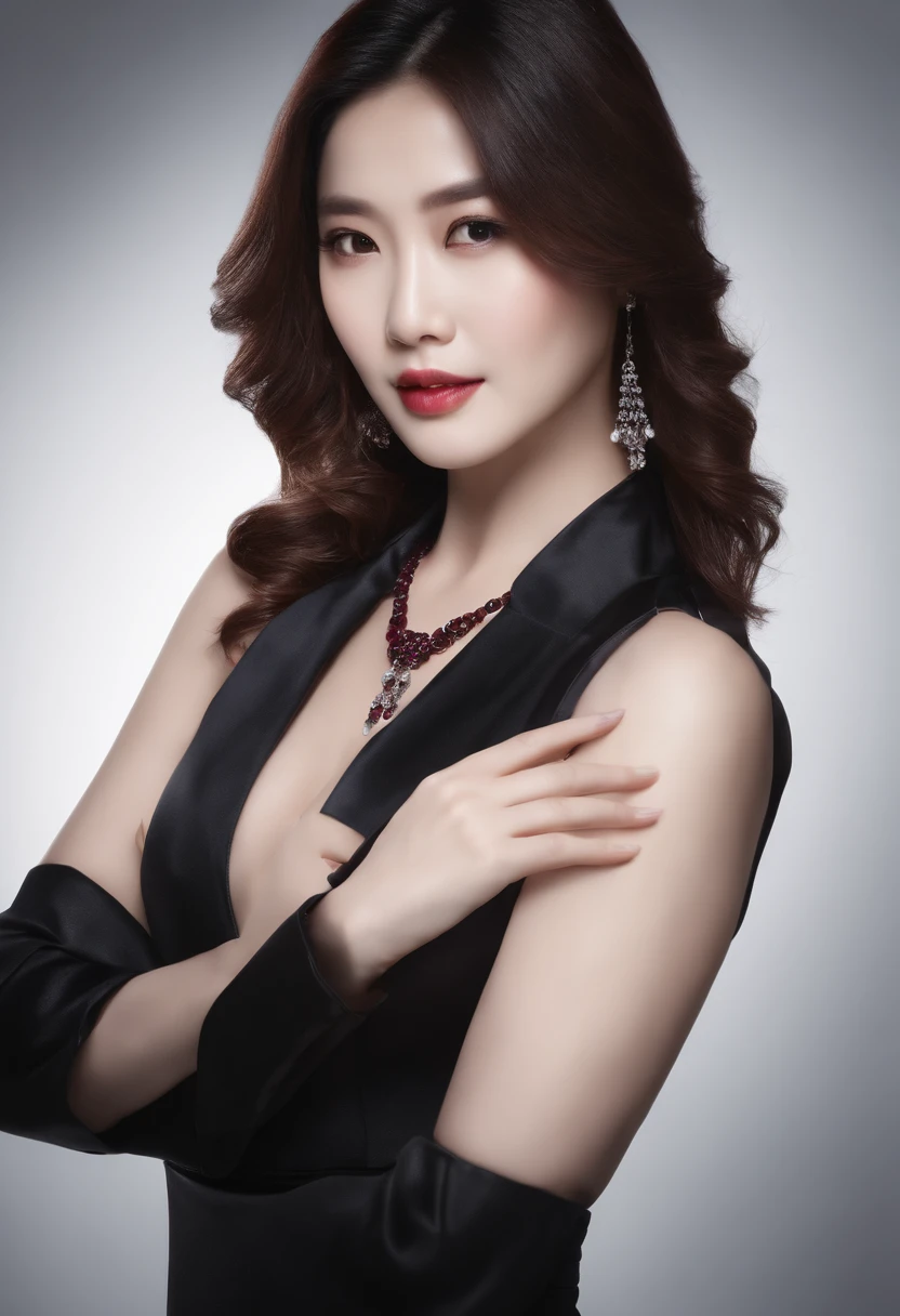 black jacket, white teashirt, modern design, black hairs, flowing hairs, semipink hairs, long hairs, highly detailed face, dark blue eyes, dark maroon lipstick, elegant necklace, leather band in hands, facing cametra, elegant smile, white skin, woman, big breast, cleavage, high heels, black skirt, bright colours, palace, white skin, korean woman,(((highly detailed face))),((detailed hands)), ((nice curves)),