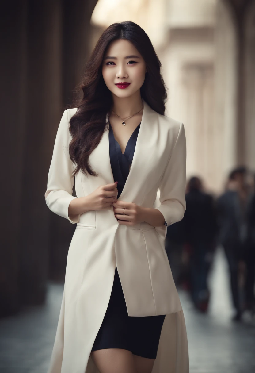 black jacket, white teashirt, modern design, black hairs, flowing hairs, semipink hairs, long hairs, highly detailed face, dark blue eyes, dark maroon lipstick, elegant necklace, leather band in hands, facing cametra, elegant smile, white skin, woman, big breast, cleavage, high heels, black skirt, bright colours, palace, white skin, korean woman,(((highly detailed face))),((detailed hands)), ((nice curves)),