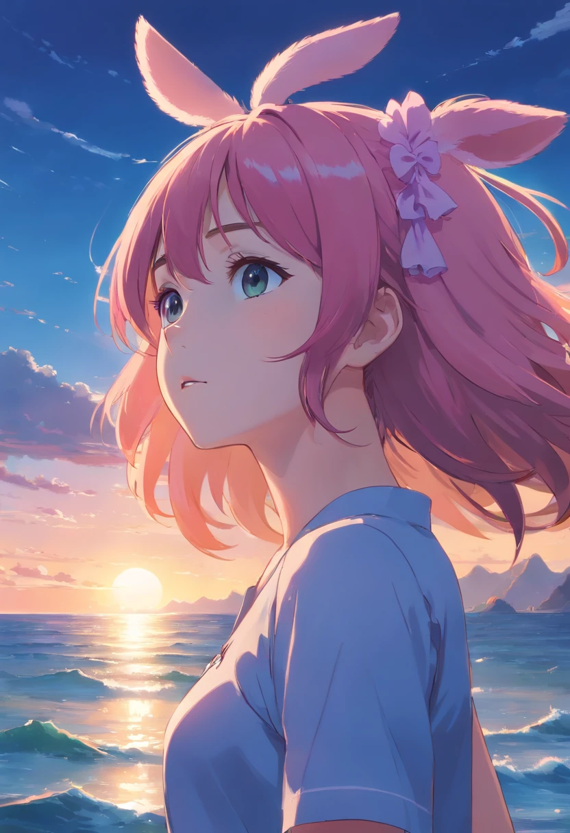 In the mysterious sea , anime styled, 8K, A detailed eye, perfect  eyes, epicd, Dramatic, magnifica, full bodyesbian, intricate design and details, dramatic  lighting, 8K, 详细的脸,Pink hair、One piece with pink ruffles、Orange rabbit ears from the head