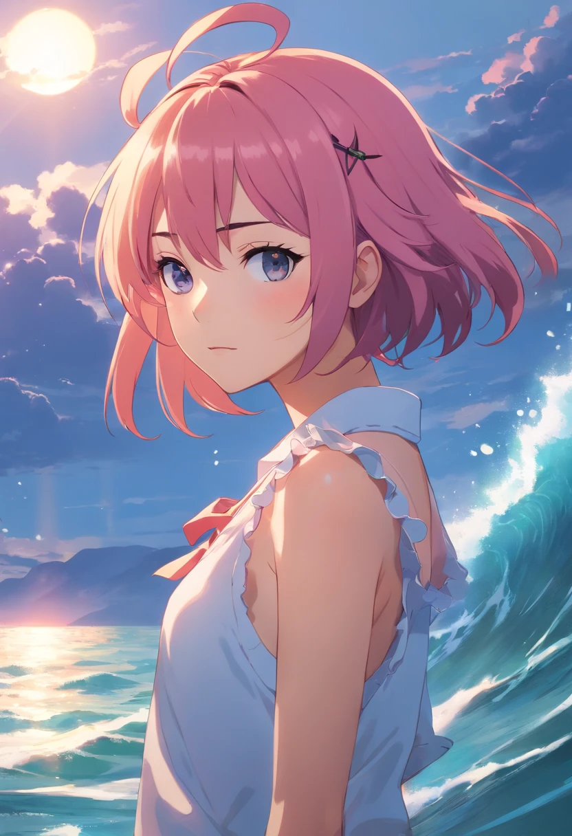 In the mysterious sea , anime styled, 8K, A detailed eye, perfect eyes, epicd, Dramatic, magnifica, full bodyesbian, intricate design and details, dramatic lighting, 8K, 详细的脸,Pink hair、One piece with pink ruffles、Orange rabbit ears from the head