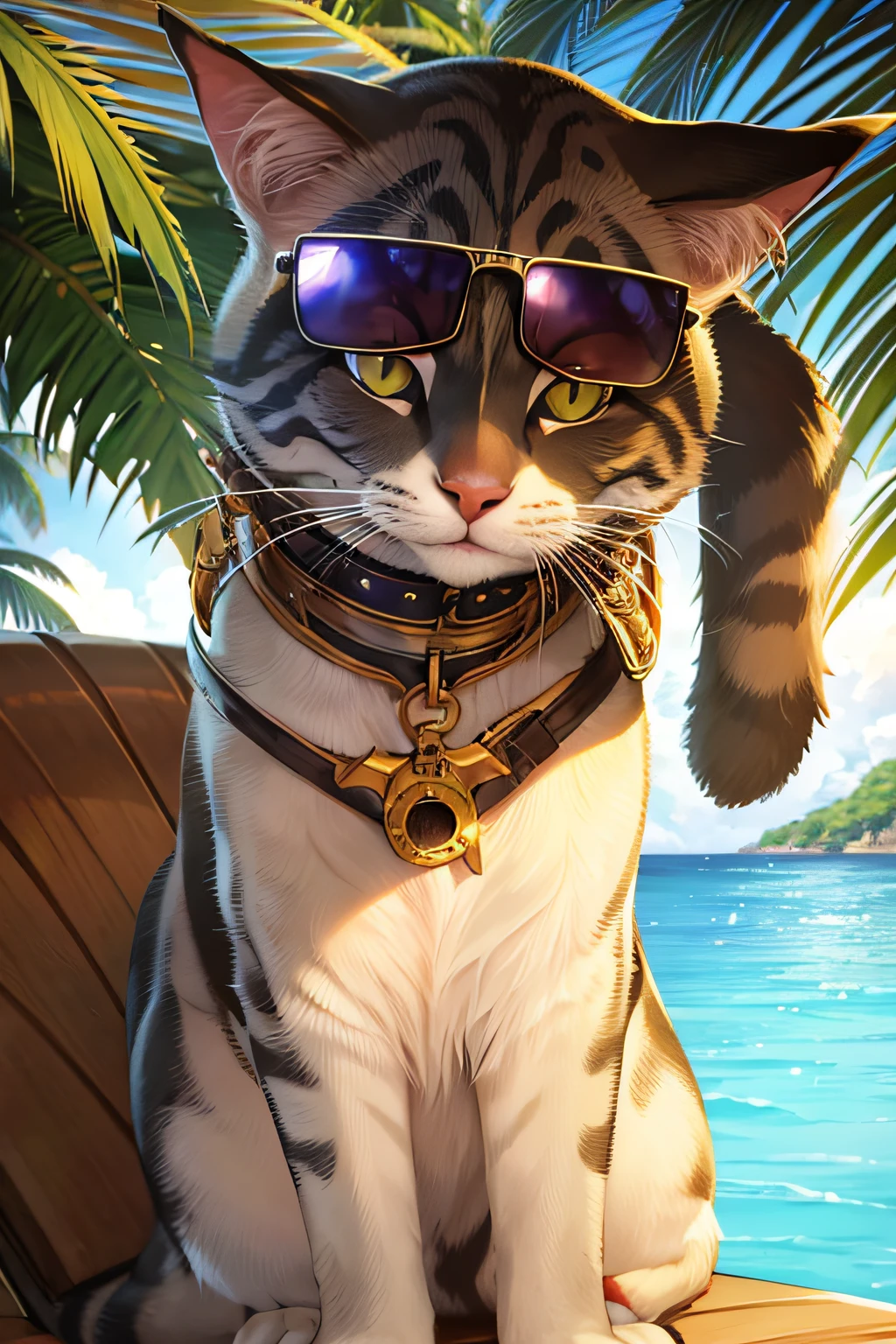 Highly defined macrophotography of a realistic cat wearing reflective sunglasses relaxing at the tropical island, dramatic light --ar 2:3 --s 750 --v 5