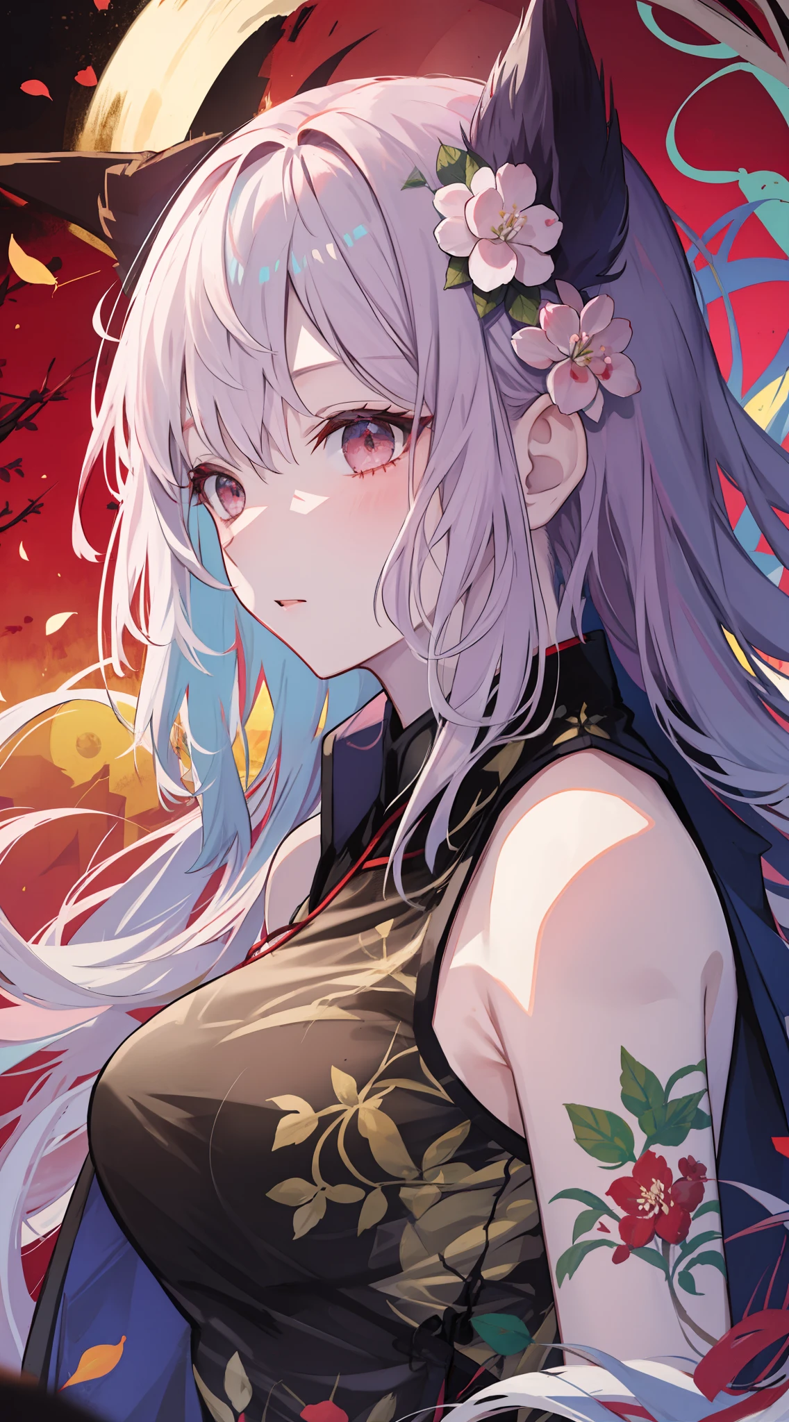 top-quality, Ink painting style, Fresh and elegant, Clear lake, The cherry blossoms set as the sun sets,White color hair, Black cheongsam gold pattern girl, Ride the flower wind to blow your head, A forest dotted with green leaves, Birds sing happily, A poetic scene