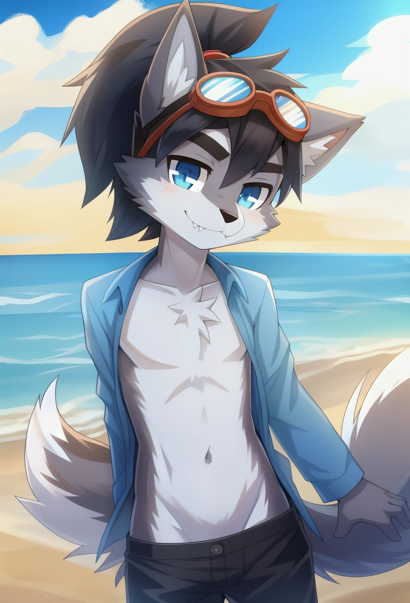 Furry shota, Young, wolf, black hair, long spiky ponytail, blue eyes, detailed body fur, blue hawaiian shirt, open clothes, black trunks, goggles, masterpiece, looking at you, fangs, clear grey body fur, detailed face, big eyebrows, detailed eyes, detailed body, detailed body fur, detailed hands, flat body, glistering body, shiny body, skinny, beach, clear sky, sassy face, :3,