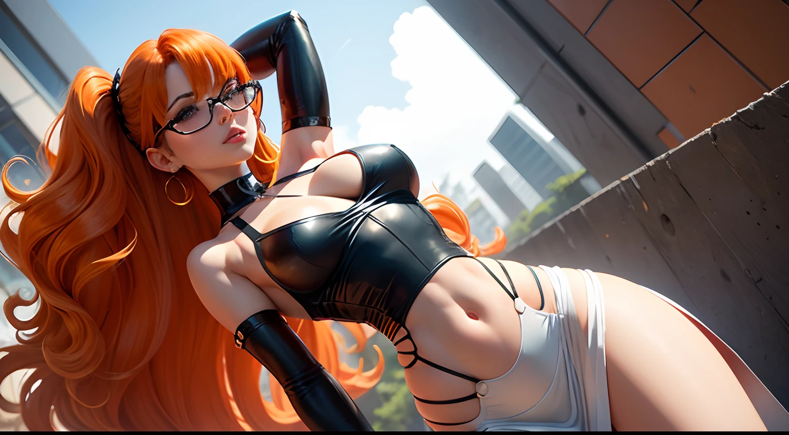 dominatrix girl, sadistic, big hair, strate hair, flat, tight dress, cute stomach, white dress, glasses, orange hair, standing up, outside
