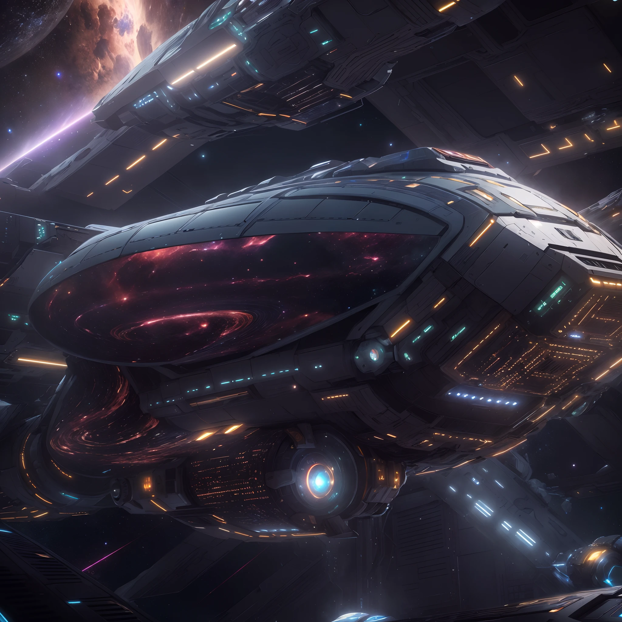 A huge spaceship,full bodyesbian，Solo，Spaceships in the Avengers，seen from outside，(multiple lighting sources:1.5),Detailed hull details,Cosmic galaxy background,Escaped spaceship,((Best quality)), ((Masterpiece)), (Epic composition:1.2), (unreal 5 render:1.1)