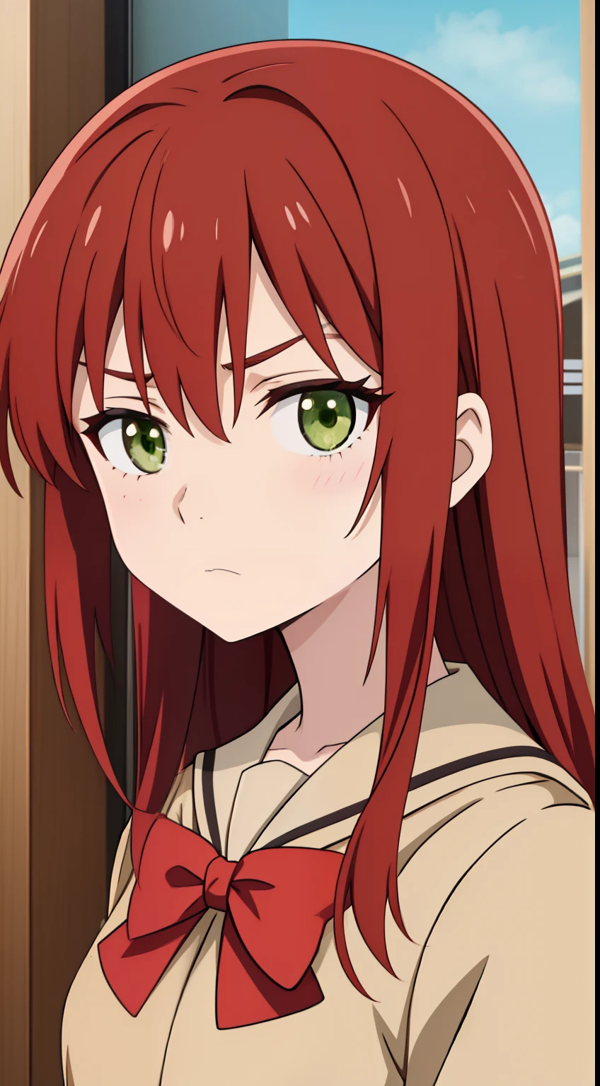 anime girl with red hair and green eyes in a school uniforms, promo still, she is 1 6, childhood friend, reddish beard, he looks sad at me, wise appearance, ultra detail, hight quality, best quality