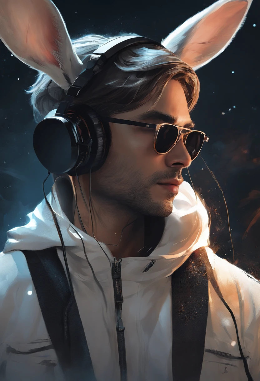 Perfect centering, Domineering male rabbit, Wear a casual jacket, Wearing sunglasses, Wearing headphones, Standing position, Abstract beauty, Centered, Looking at the camera, Facing the camera, nearing perfection, Dynamic, Moonlight, Highly detailed, Digital painting, art stations, concept-art, smooth, Sharp focus, 8K, high definition resolution, illustration, Art by Carne Griffiths and Wadim Kashin, White background