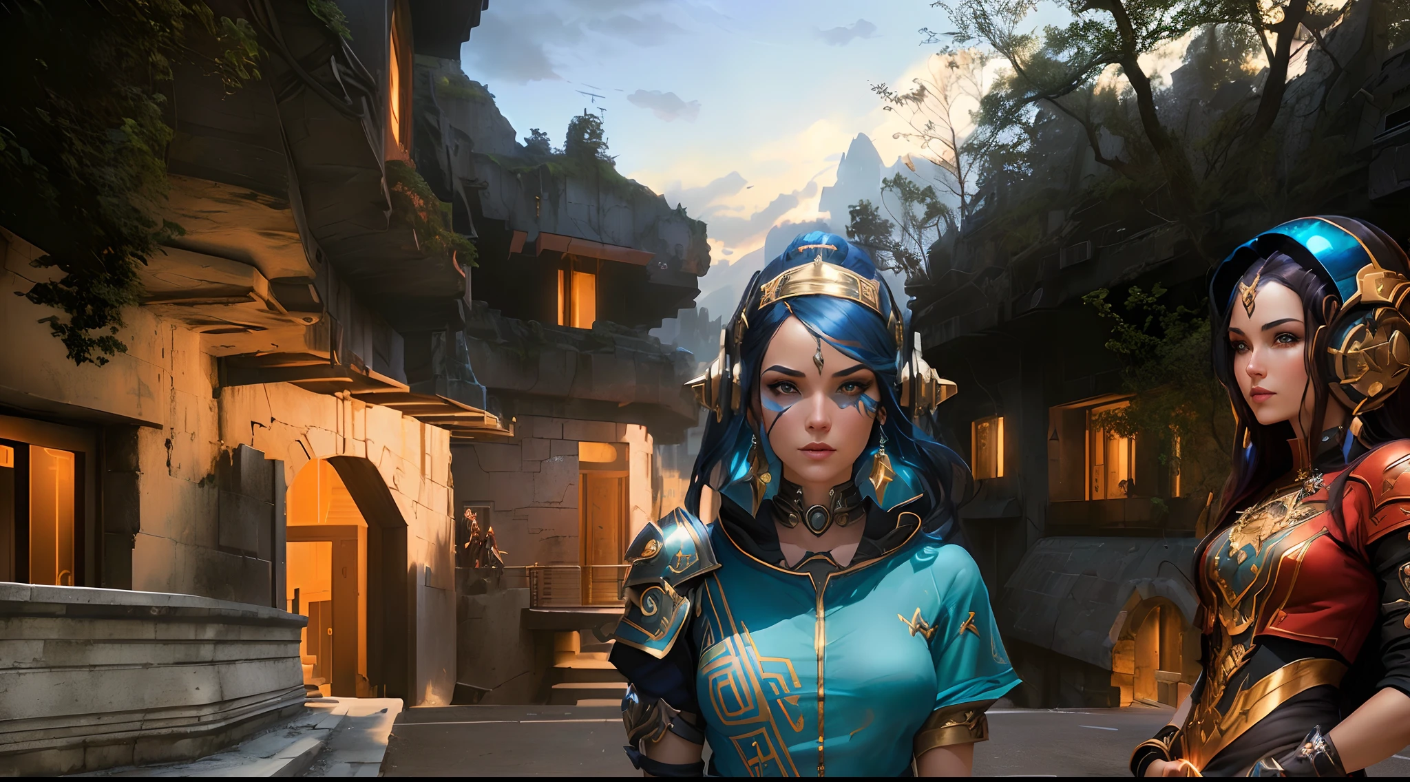 two women in costumes standing in front of a building, artgerm julie bell beeple, fantasy rpg symmetrical portrait, astri lohne, portrait of a female mage, fantasy concept art portrait, epic rpg portrait, stylized urban fantasy artwork, rpg portrait concept art, fantasy genre portrait, unreal 5. rpg portrait, Artstation contest winner