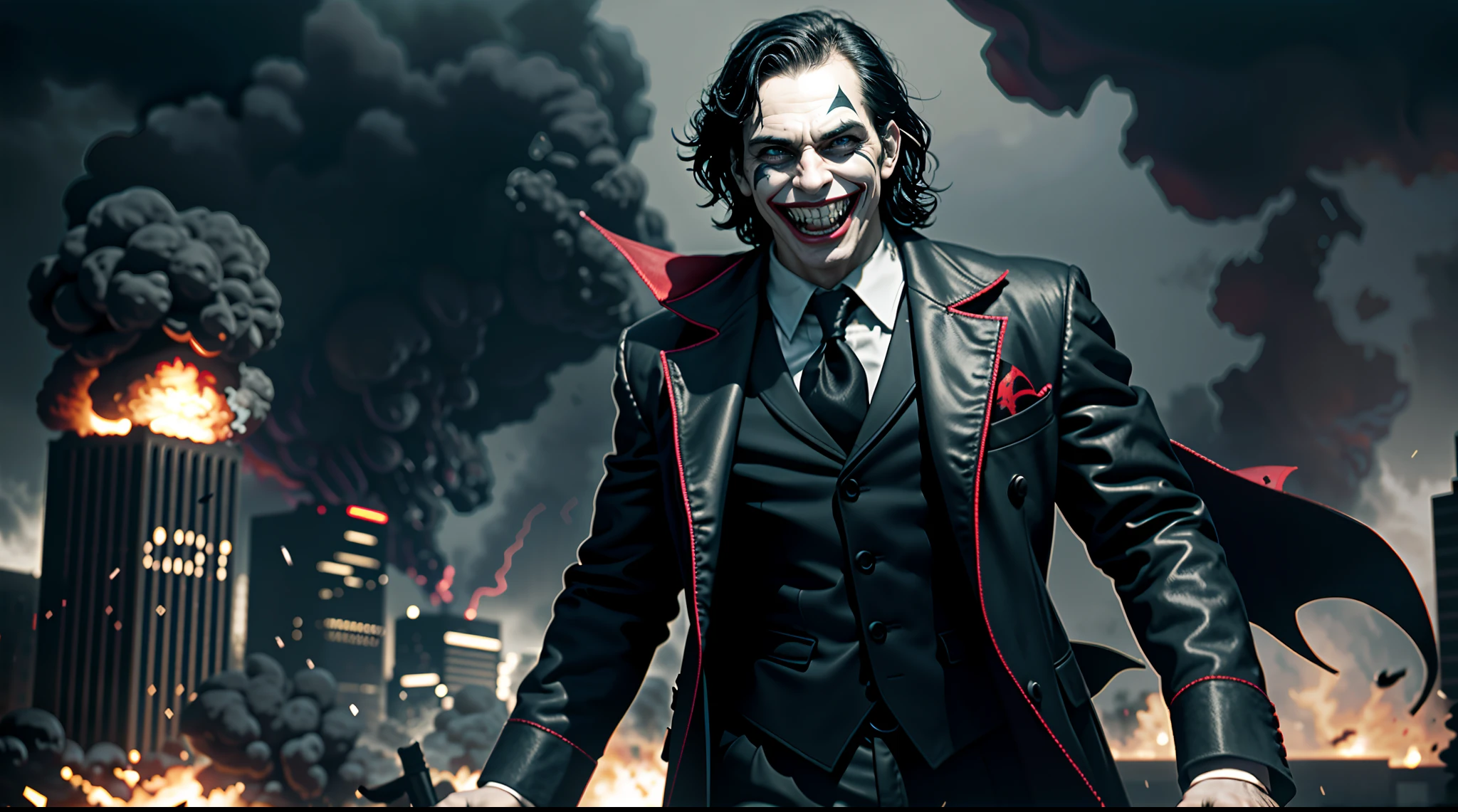 masterpiece, best quality, realistic,dynamic shot of Joker,Hand held bomb detonator,laughing,crazy,evil smile,upper body DC universe cinematic, detailed face, 8k, uhd, sharp focus,Gotham City background,ruined city,Explosion everywhere,watfire everywhere,rain,fierce wind,Dust falling,at night