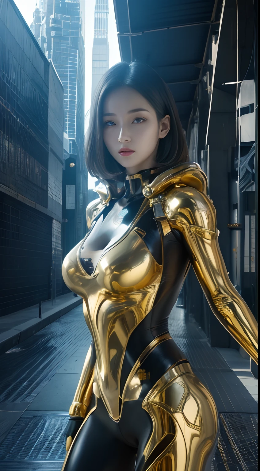 Translucent fine gold color mechanical girl, Futuristic girl, Mechanical joint, futuristic urban background, ModelShoot style, (Highly detailed Cg Unity 8K Wallpaper), Abstract style beauty,, surrealism, 8K, Super detailed, Best quality, Awarded, Anatomically correct, 16k, Highly detailed