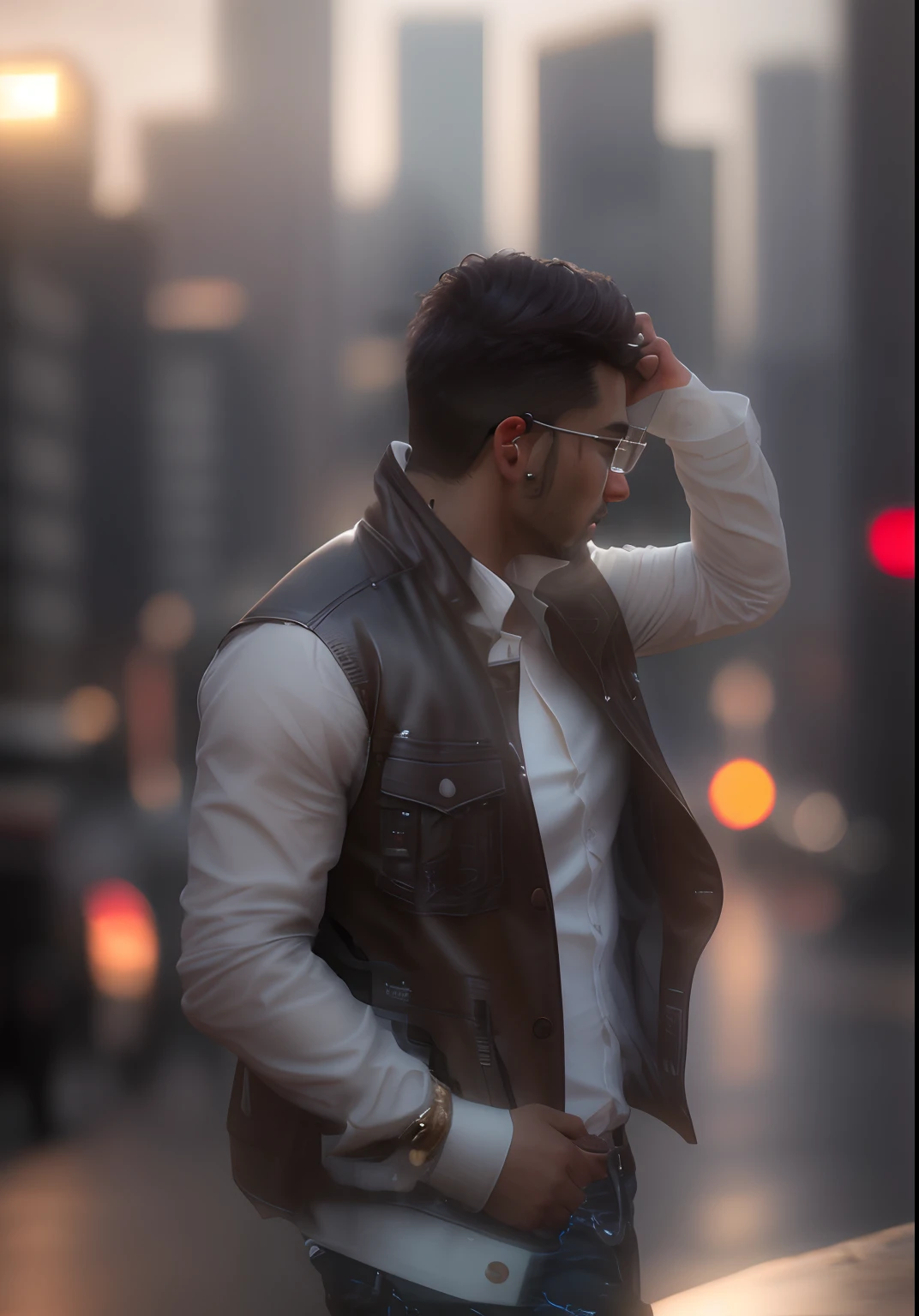 Realistic, 4k, ultra detailed, epic, cinematic lighting, photography, movie style, natural light, natural blur, photorealism, cinematic rendering, ray tracing, highest quality, highest detail, Cinematic, Blur Effect, Long Exposure, 4K, Moody Lighting, remove background , change background to city, same face, same skin tone,