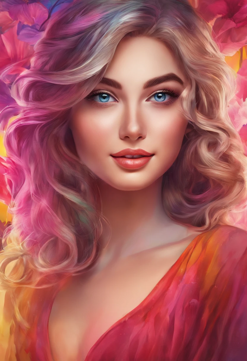a girl, beautiful detailed eyes, beautiful detailed lips, extremely detailed face, long eyelashes, highres, ultra-detailed, realistic, stunning smile, flowing hair, bright and colorful background, soft lighting, vibrant colors, joyful expression, portrait, oil painting