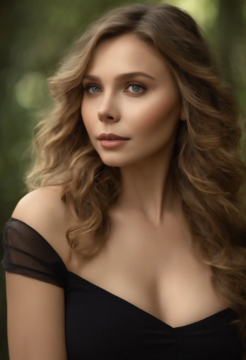 (realistic,photorealistic:1.37),best quality,ultra-detailed,professional,portraits,extremely detailed face,beautiful detailed eyes and face,beautiful detailed lips,gorgeous detailed expression,[Elizabeth Olsen],(skilfully painted,oil painting),[completely nude],(natural lighting),(soft,subtle) colors,hypnotizing gaze,[longcurlyhair,tieduphair],[gorgeousmakeup,subtlemakeup],stunning curves,[silky smoothskin,radiantskin],comfortable pose,graceful posture,(graceful,sensual) atmosphere,beautiful surroundings,blurry. She has giant round breasts that are supple and full and they are the focus point of the photo.