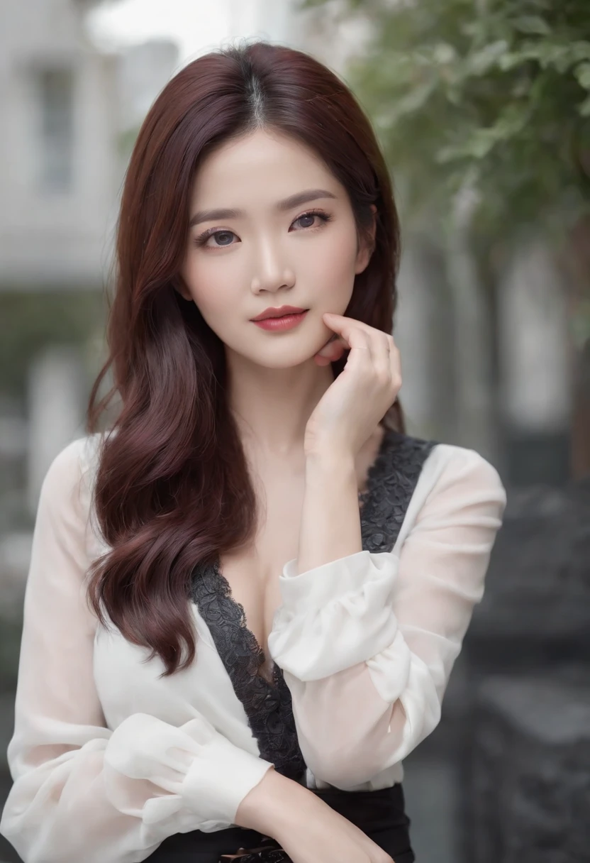 black jacket, white teashirt, modern design, black hairs, flowing hairs, semipink hairs, long hairs, highly detailed face, dark blue eyes, dark maroon lipstick, elegant necklace, leather band in hands, facing cametra, elegant smile, white skin, woman, big big breast, cleavage, high heels, black skirt, bright colours, palace, white skin, korean woman,(((highly detailed face))),((detailed hands)), ((nice curves)),